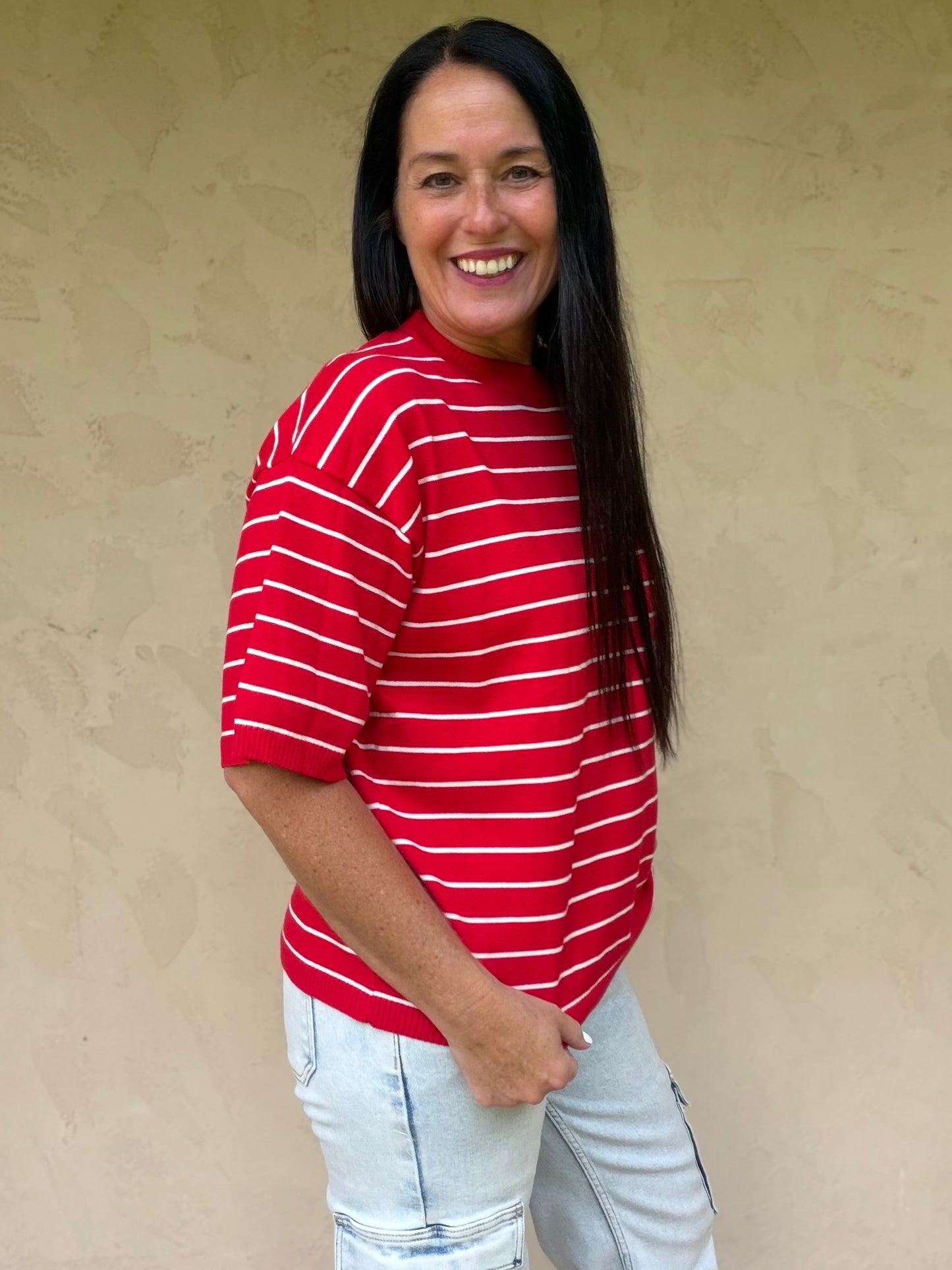 Striped Knit Short Sleeve Top, Red