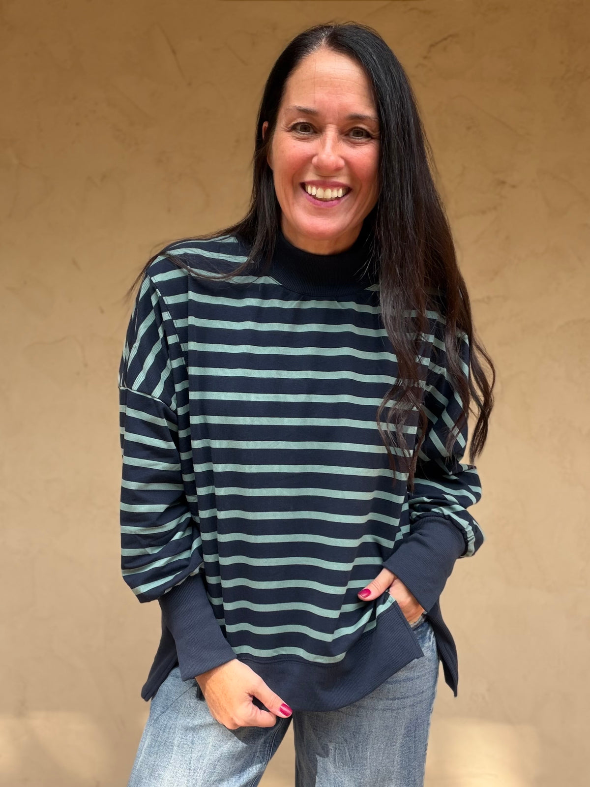 Striped Mock Neck Sweatshirt, Navy/Sage