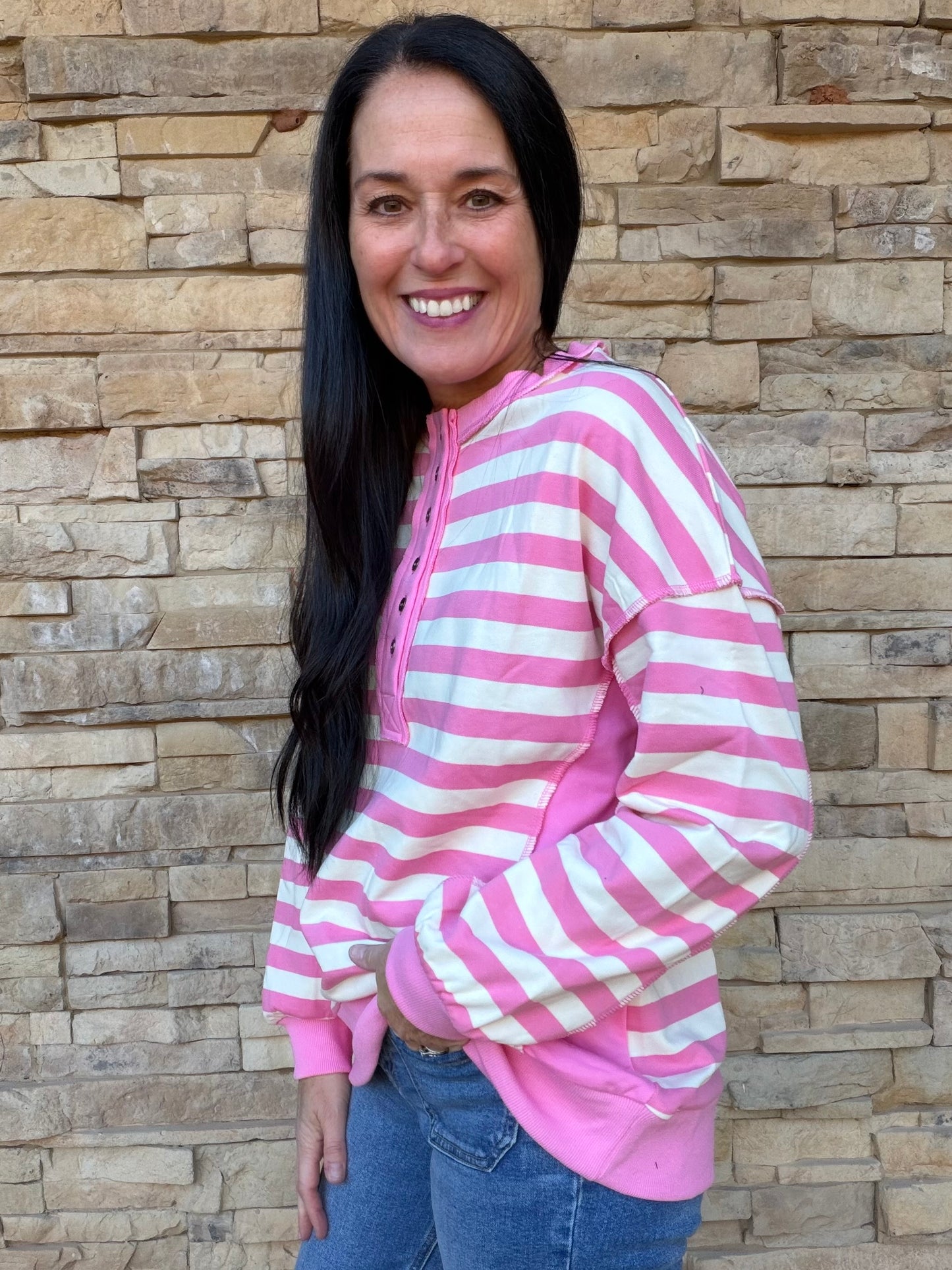 Striped Half Button Top, Pink