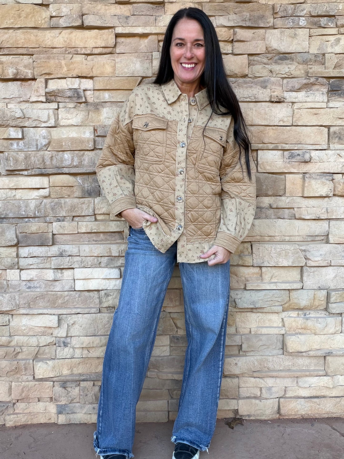 Mocha Floral Contrast Shacket, Mocha