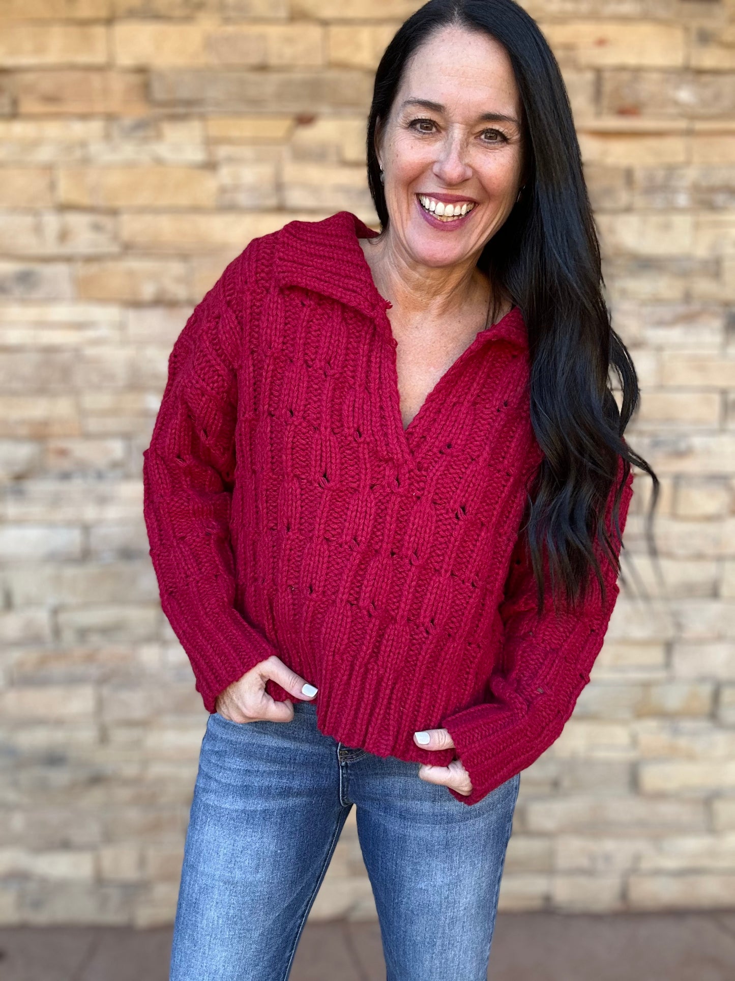 So Me Collared V-Neck Sweater, Brugundy