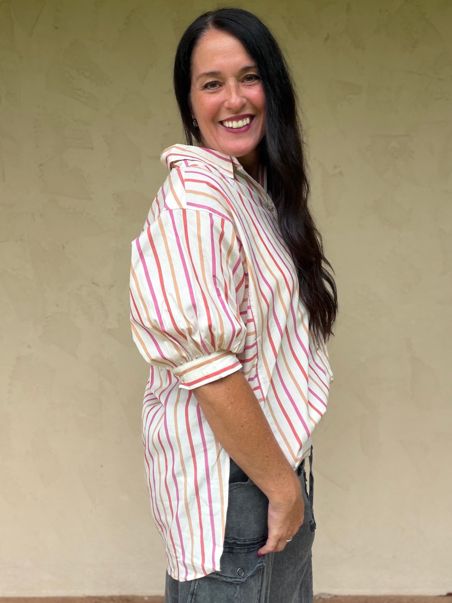 Oversized Striped Button Down Top, Pink