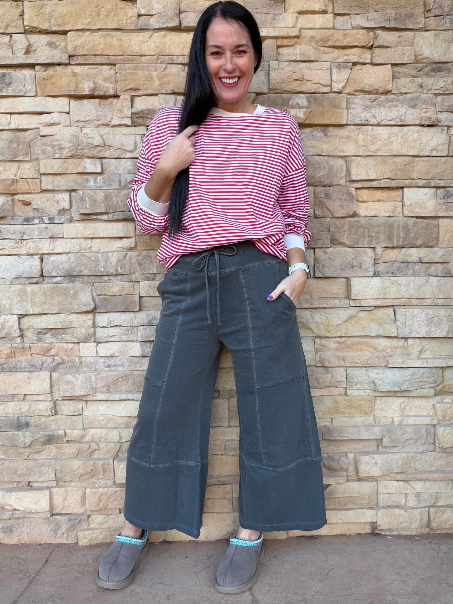 Zenana French Terry Exposed Seam Wide Leg Pants, Black