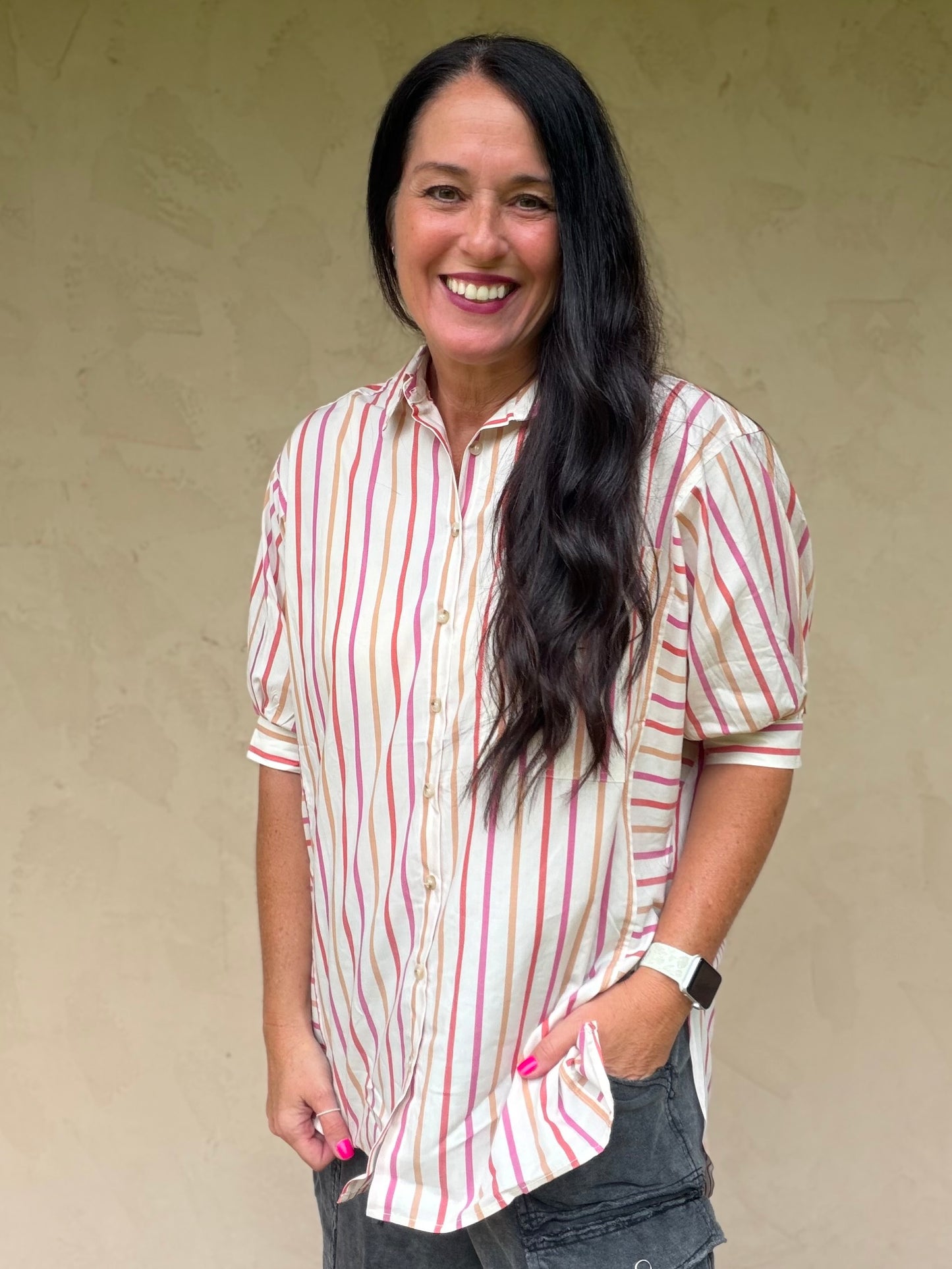 Oversized Striped Button Down Top, Pink