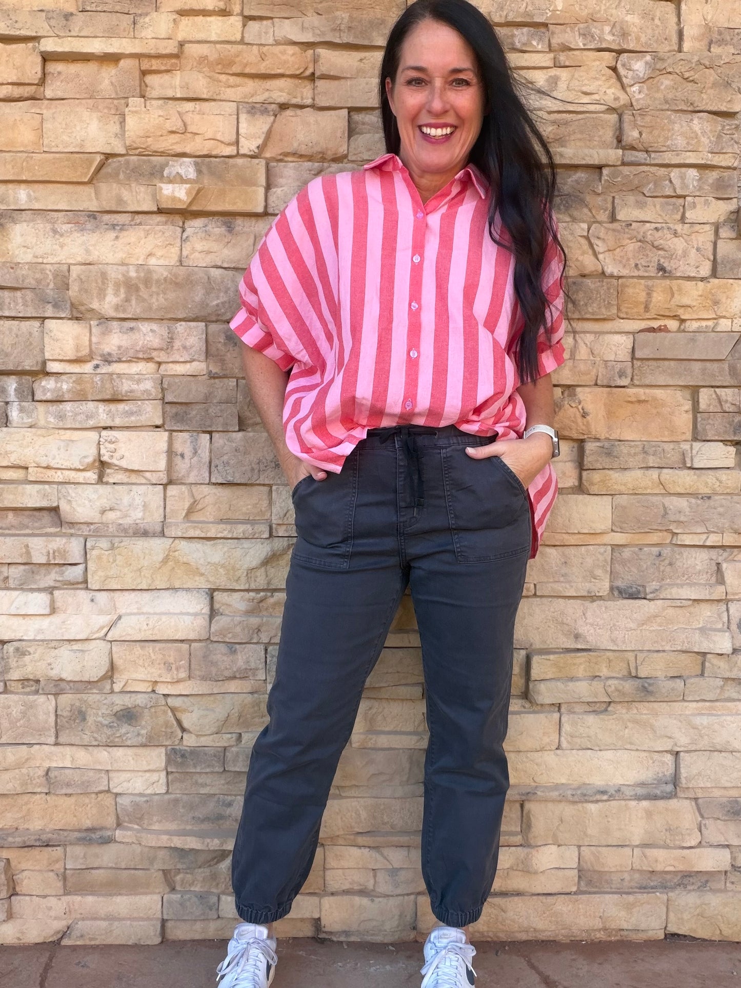 Day + Moon Striped Button Down Top, Red/Pink