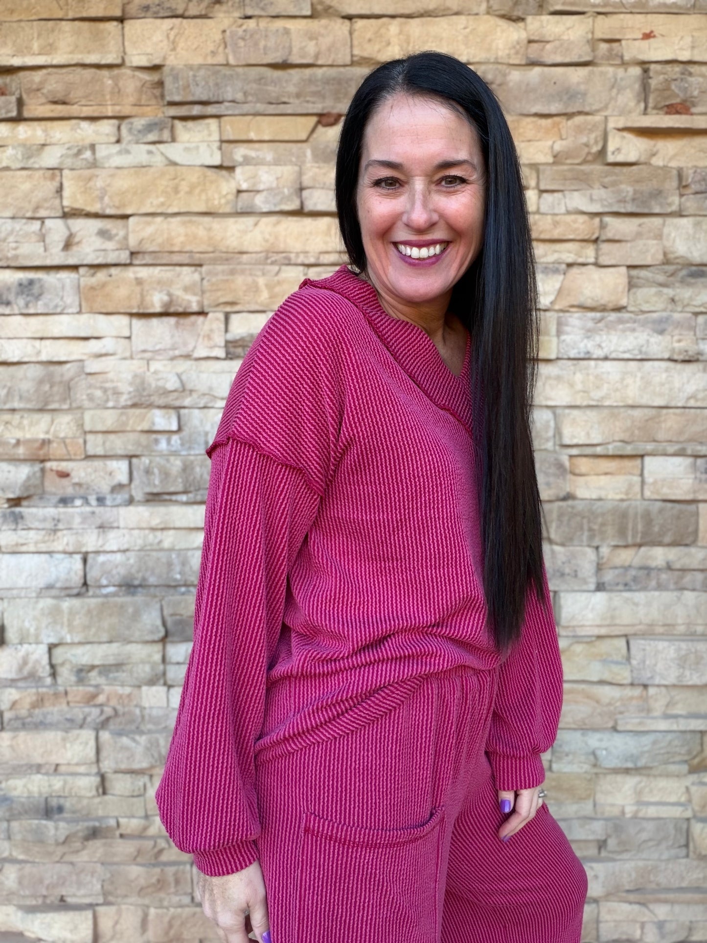 Bibi Ribbed Contrast Stitching Set, Burgundy