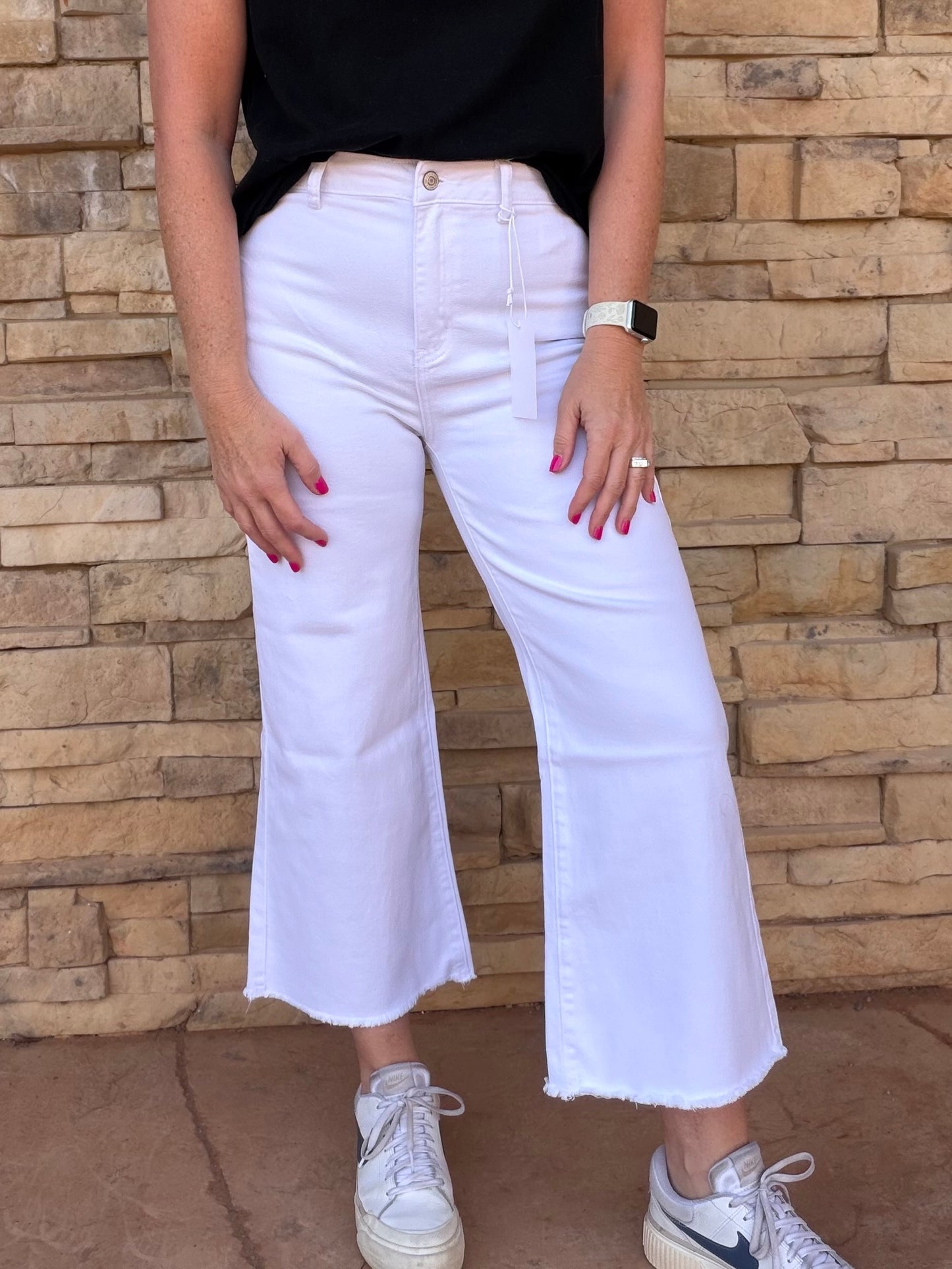 Zenana Acid Washed Frayed Hem Pants, White