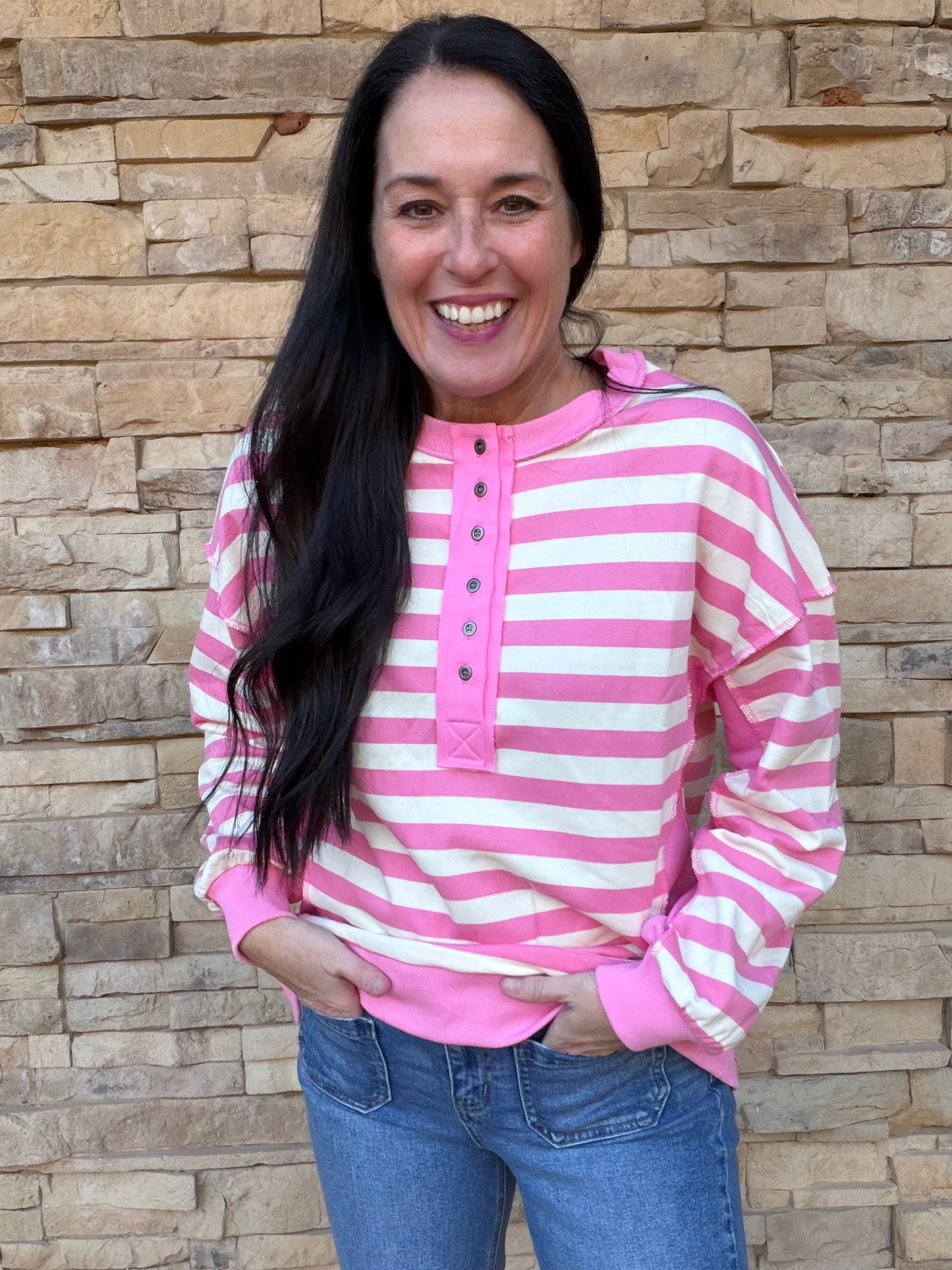 Striped Half Button Top, Pink