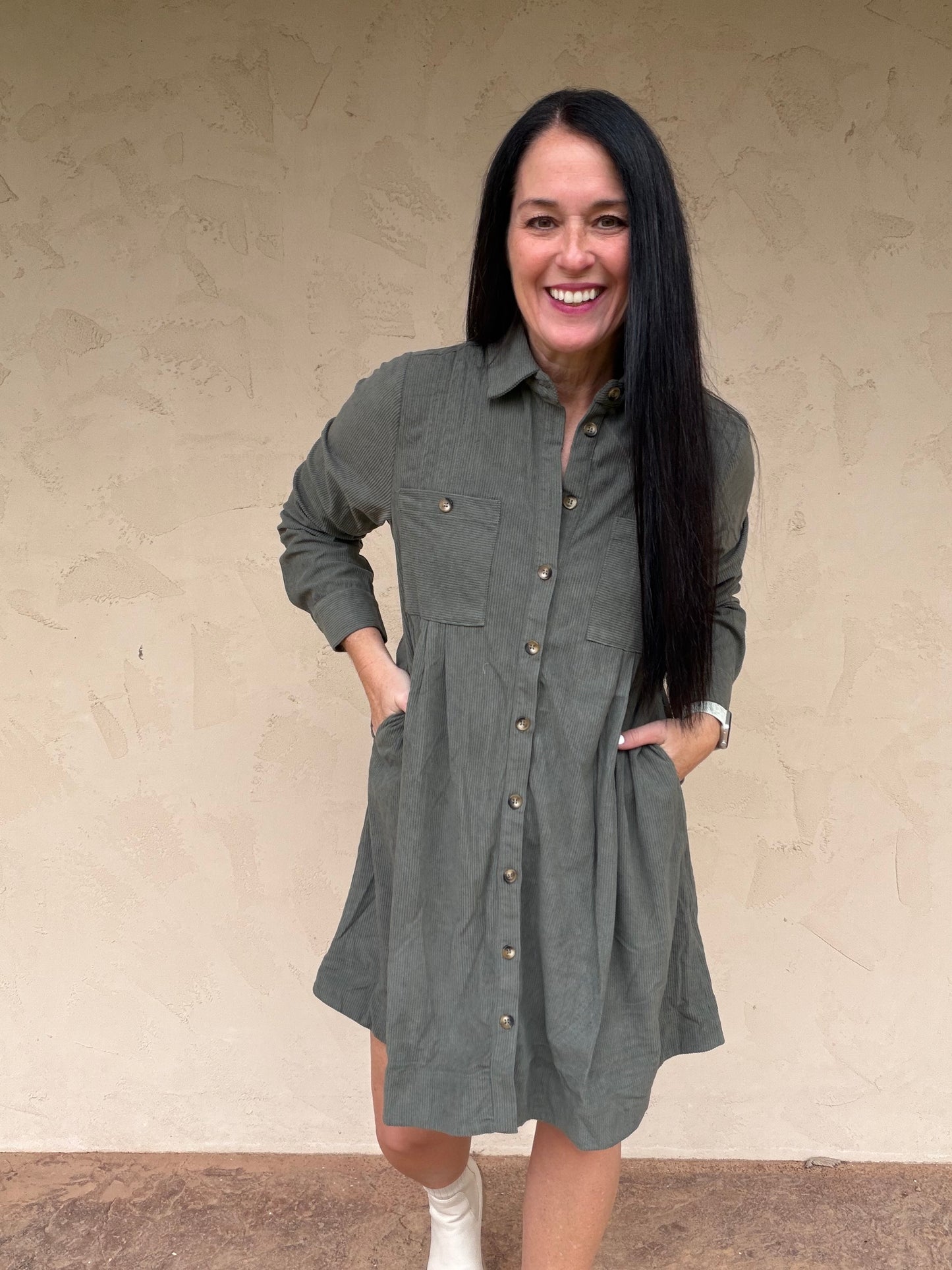 Corduroy Pintuck Dress, Olive