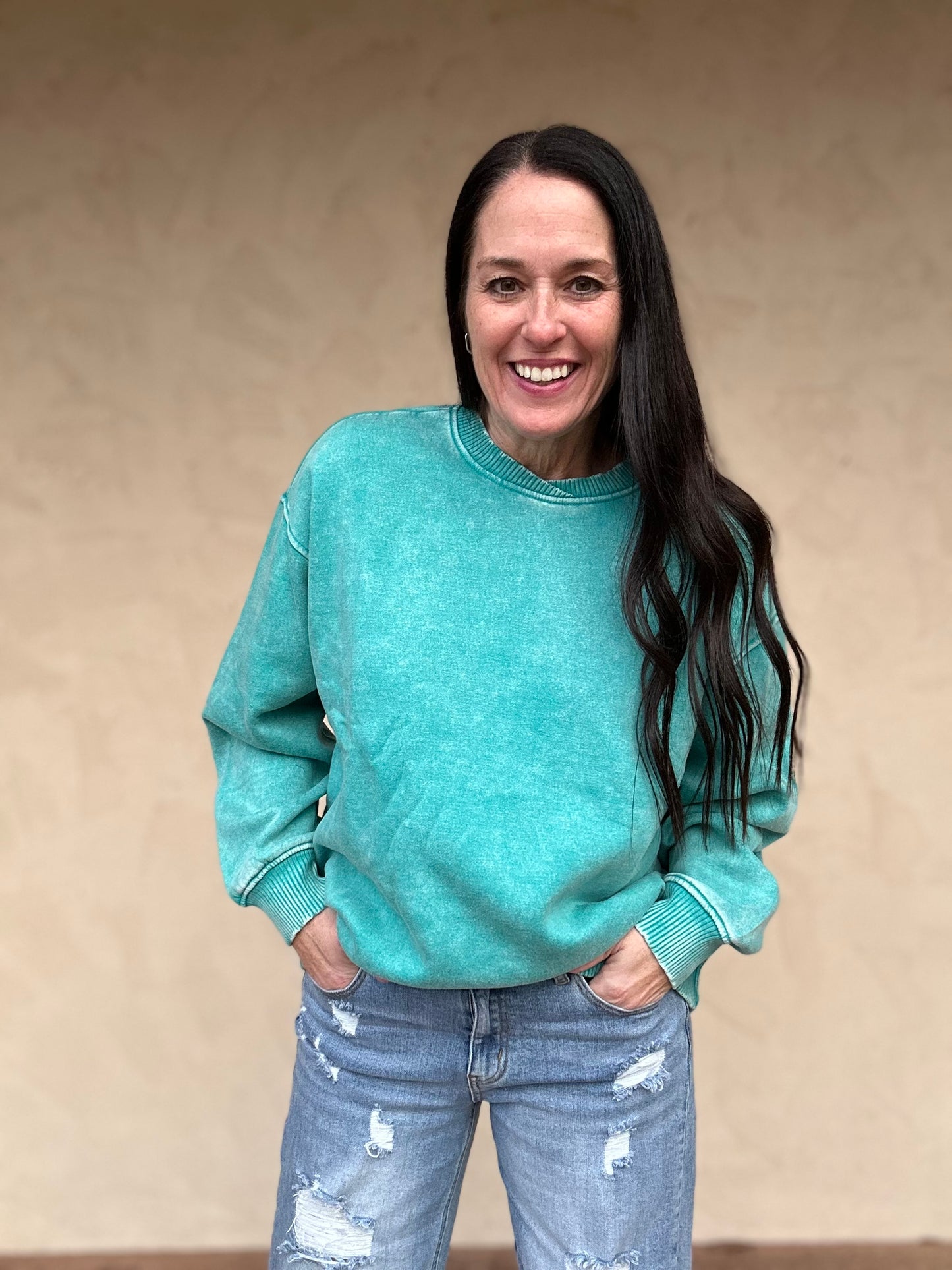 Zenana Acid Washed Oversized Fleece Pullover, Teal