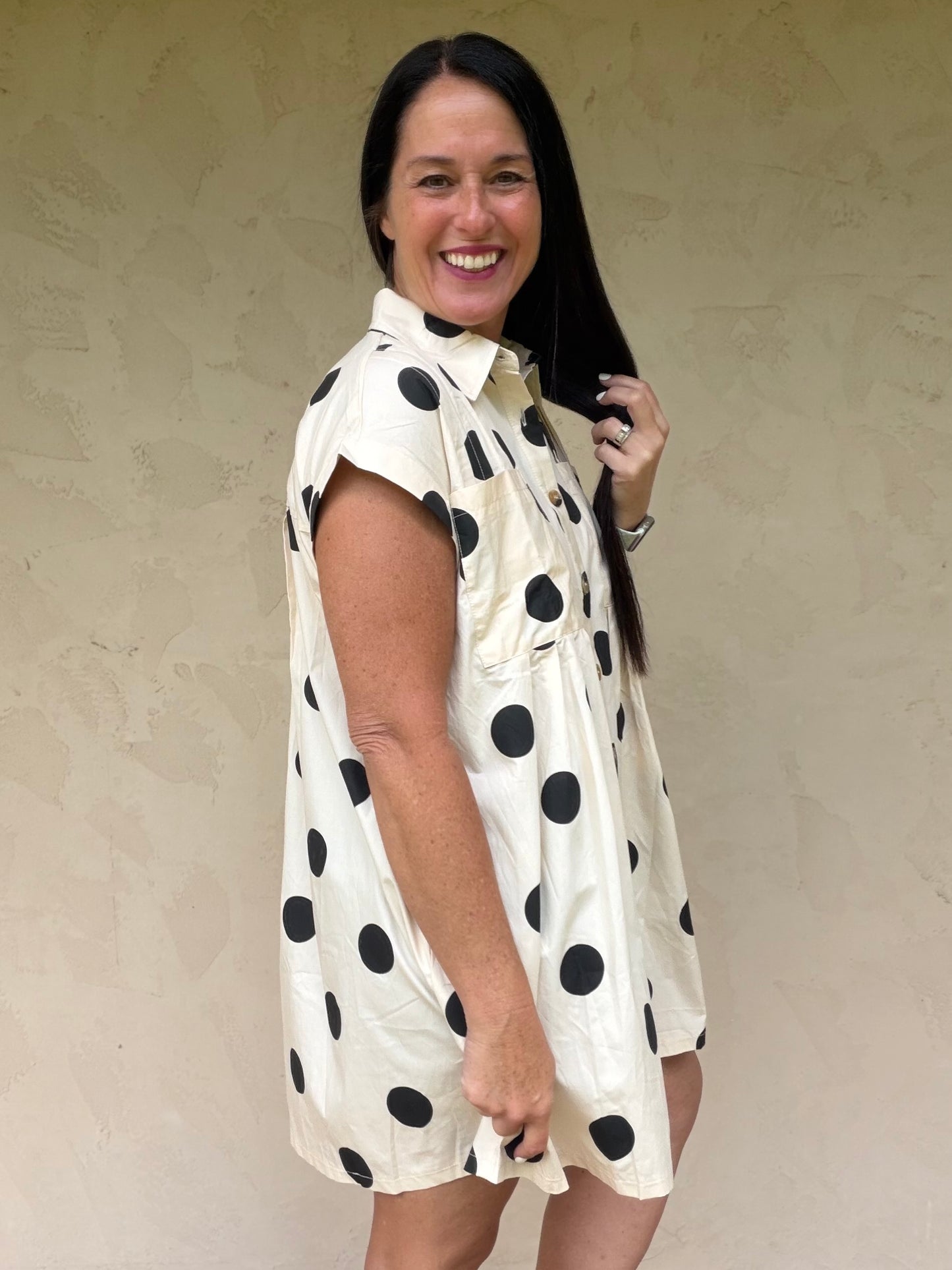 Polka Dot Button Down Pleated Dress, Black