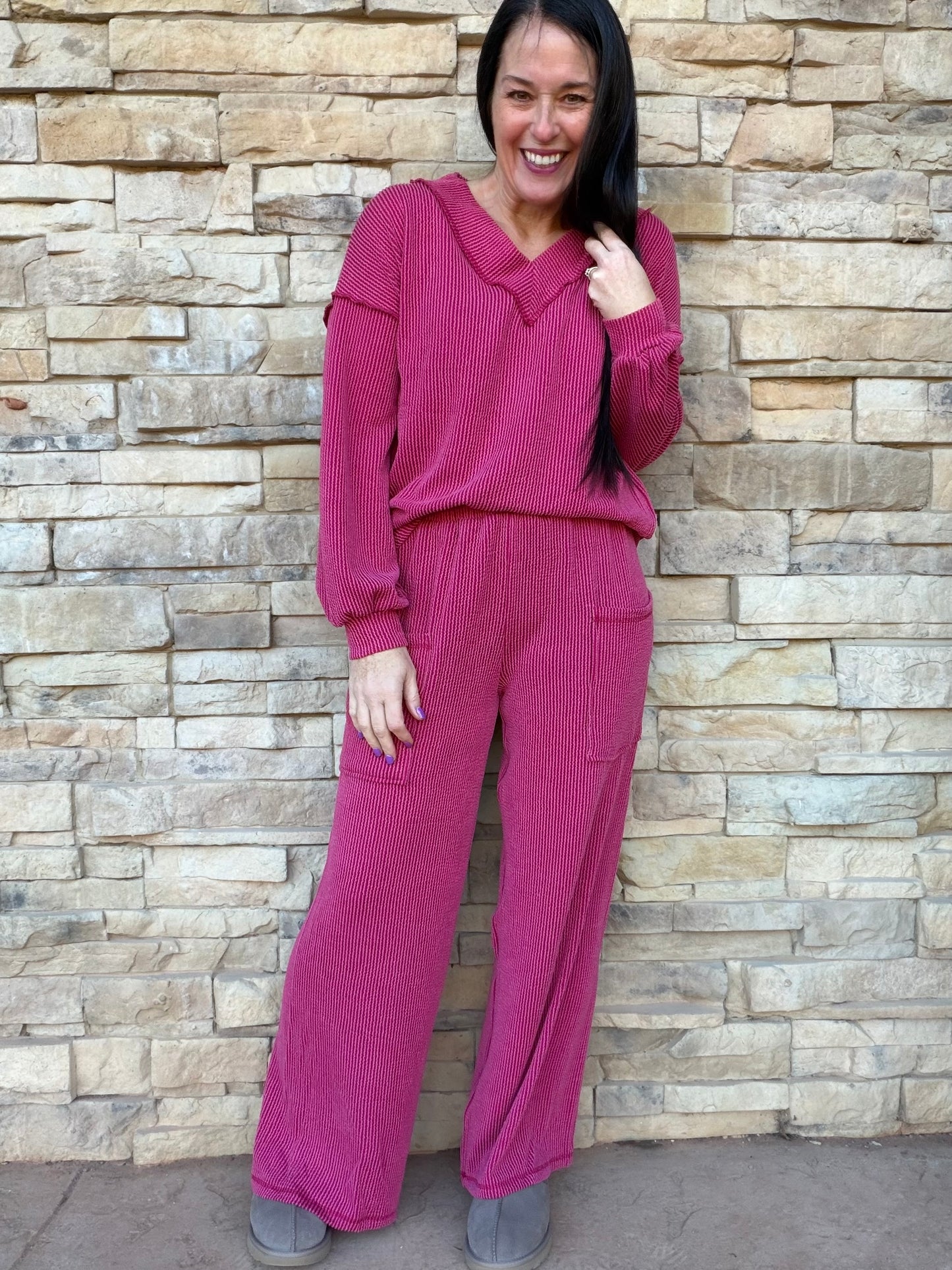 Bibi Ribbed Contrast Stitching Set, Burgundy