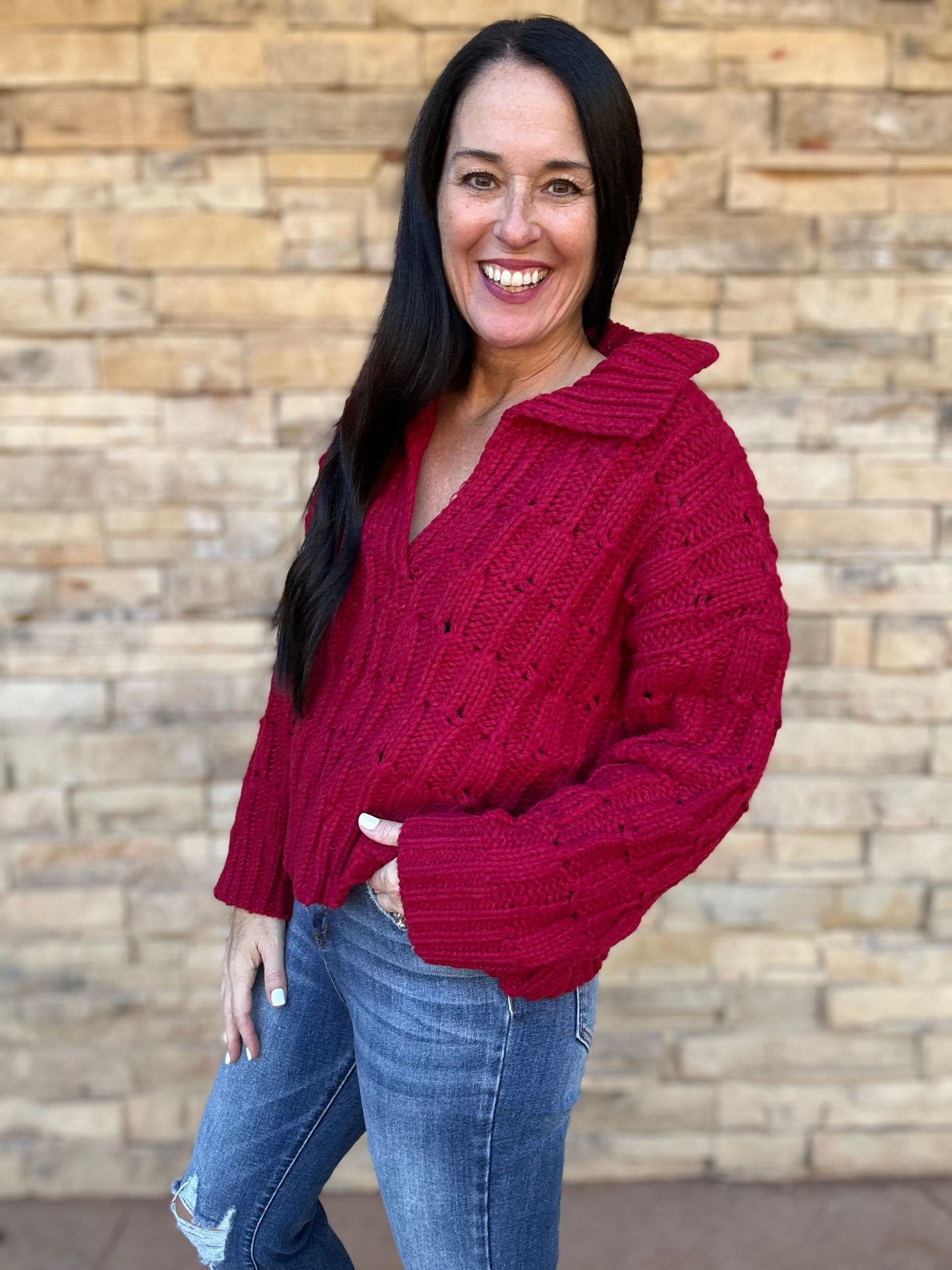 So Me Collared V-Neck Sweater, Brugundy