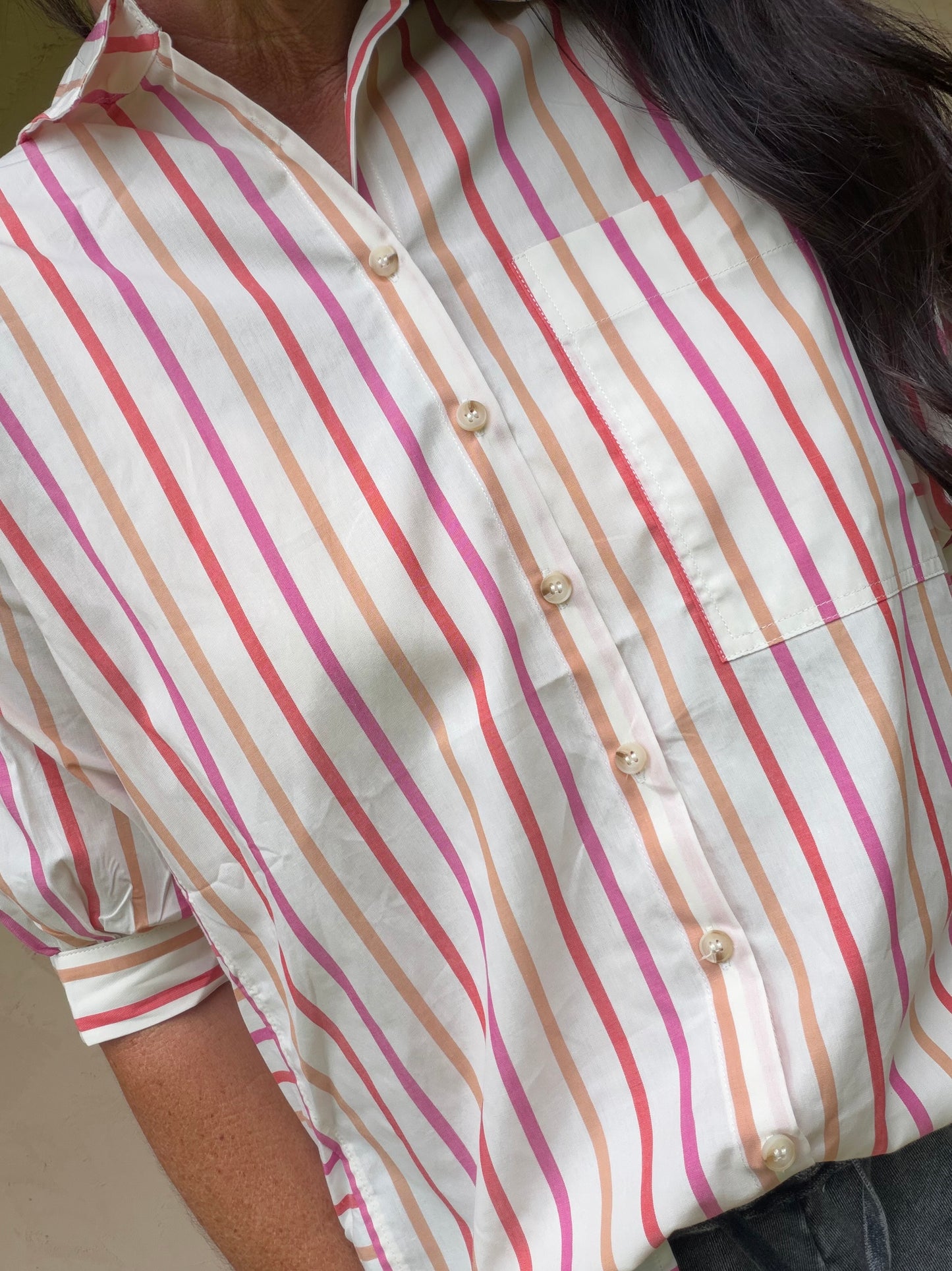 Oversized Striped Button Down Top, Pink
