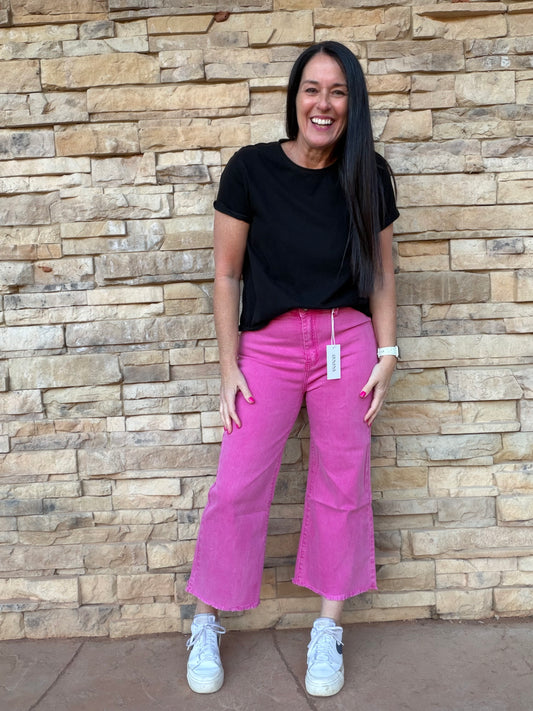 Zenana Acid Washed Frayed Hem Pants, Hot Pink