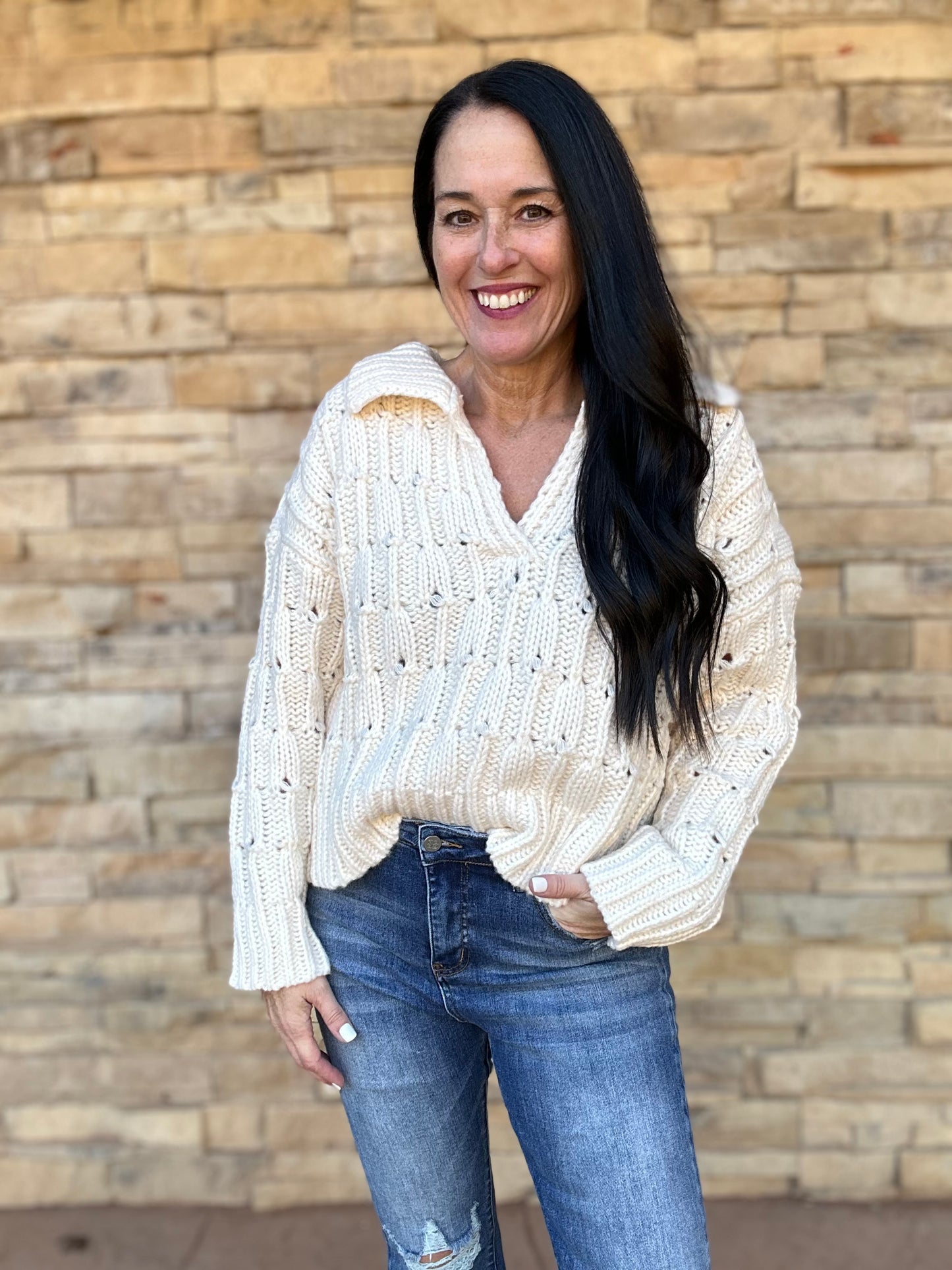 So Me Collared V-Neck Sweater, Cream