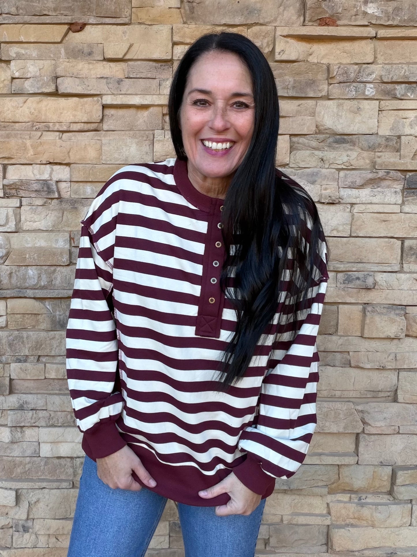 Striped Half Button Top, Burgundy