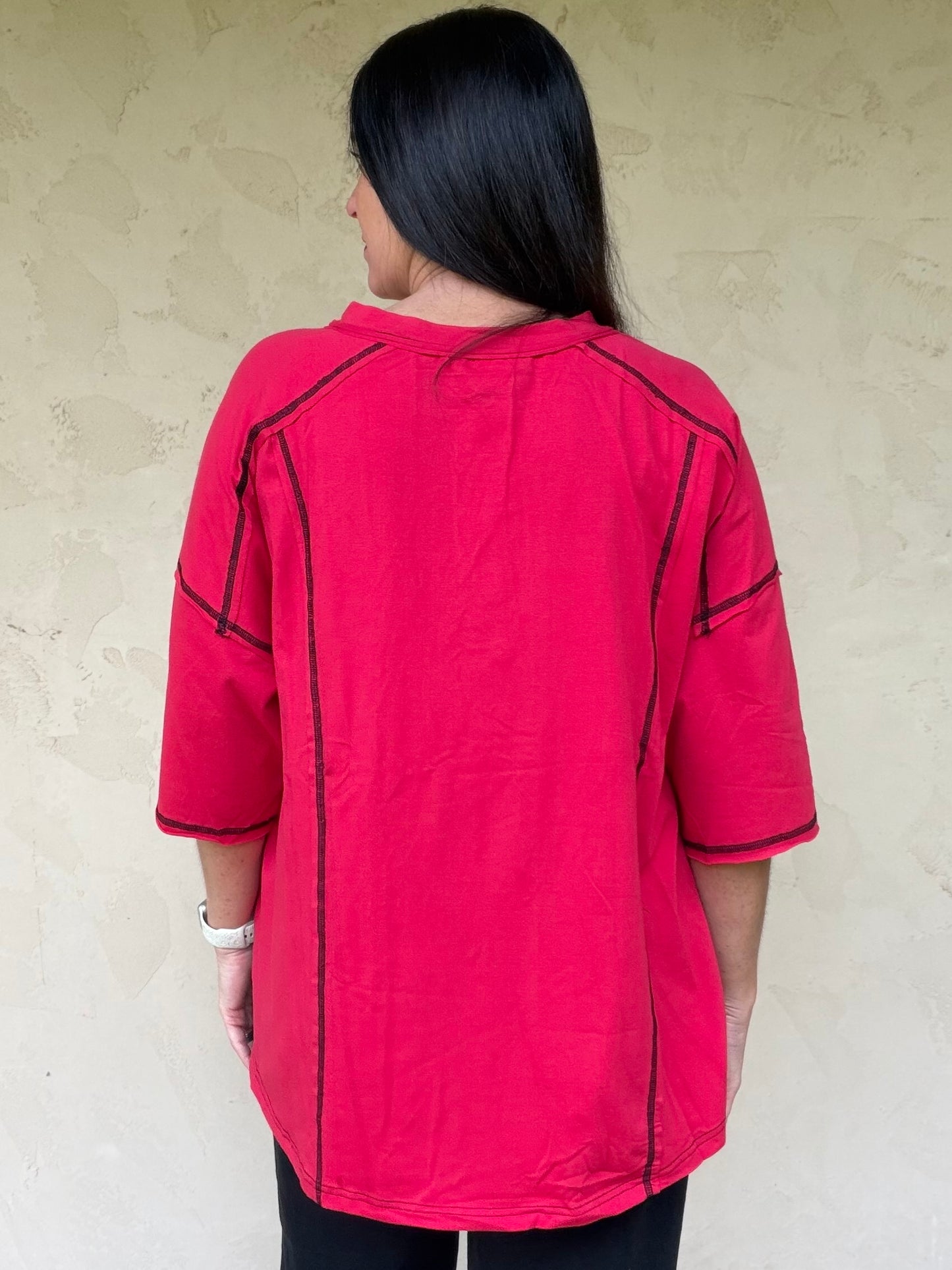 Button Henley Tee, Red