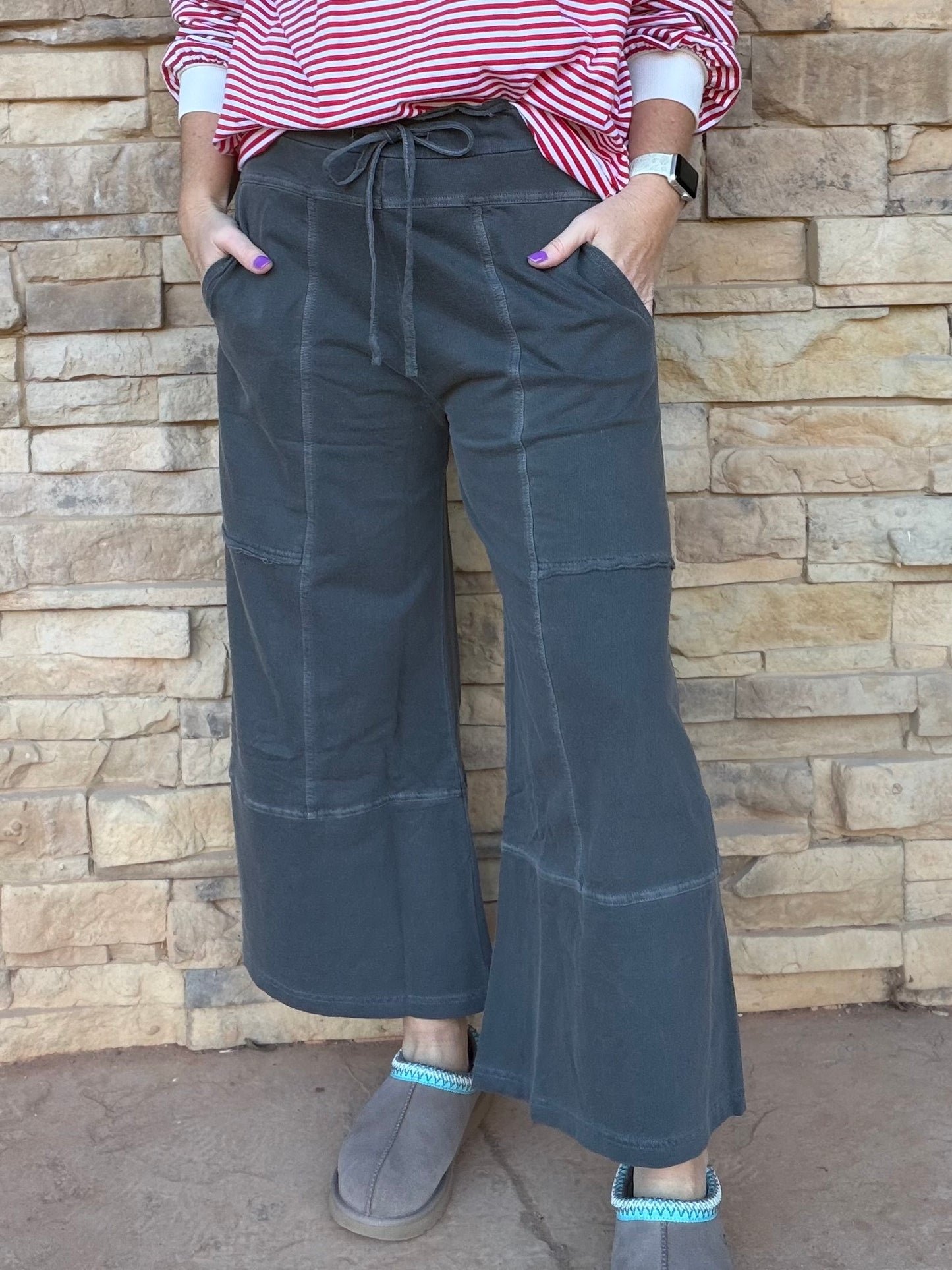 Zenana French Terry Exposed Seam Wide Leg Pants, Black