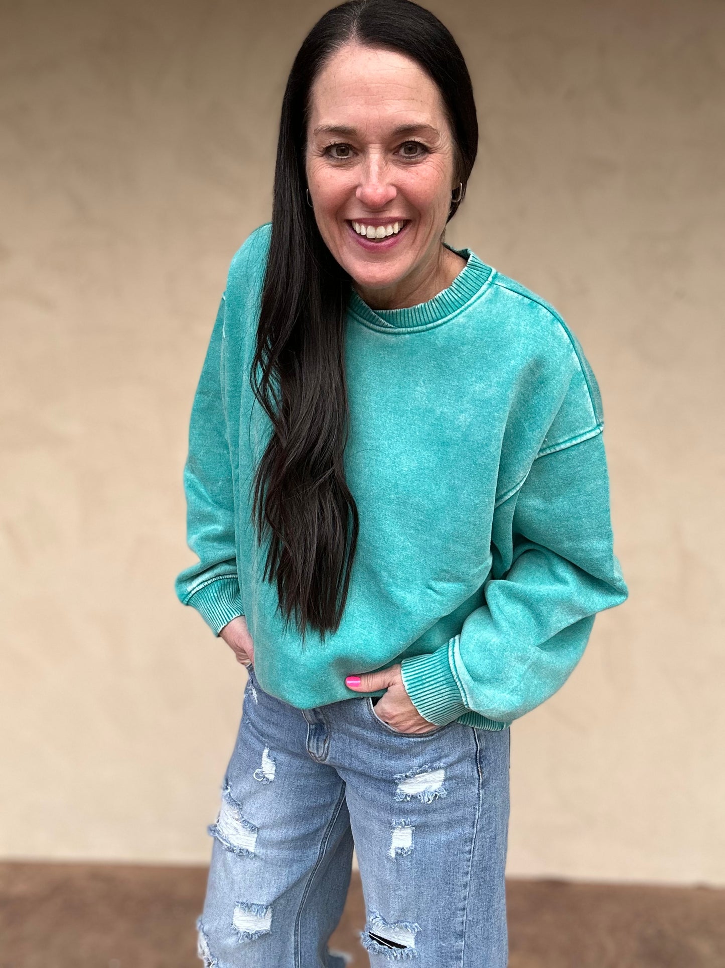 Zenana Acid Washed Oversized Fleece Pullover, Teal