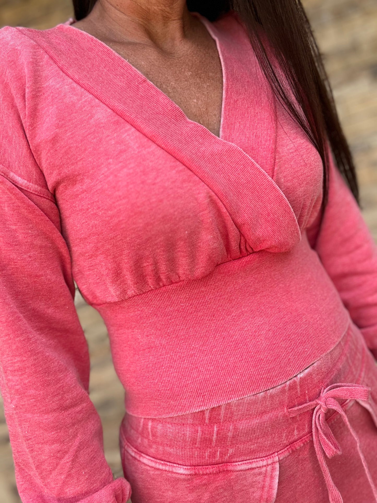 Mono B Burned Out V-Neck Sweatshirt, Cherry Red