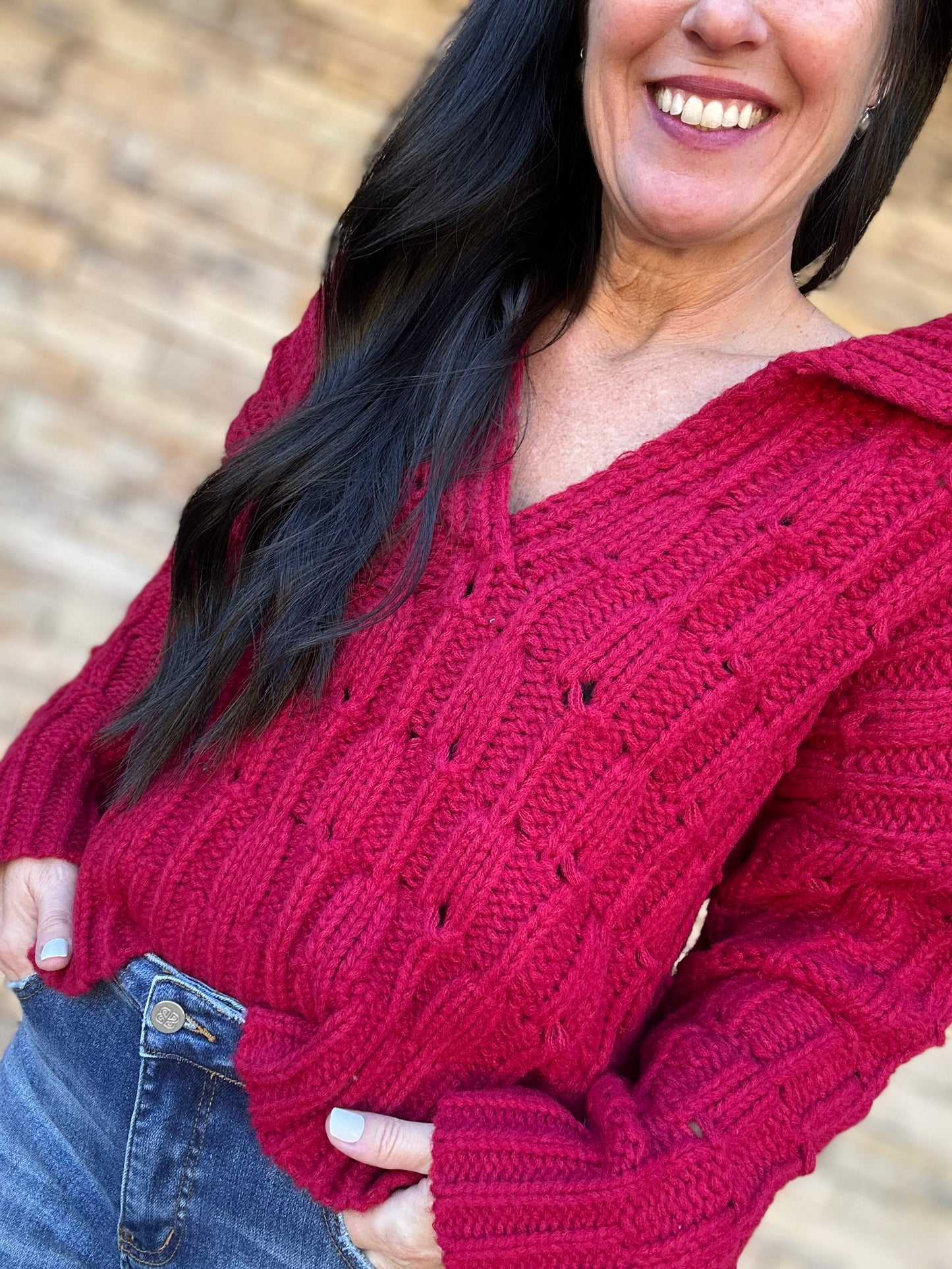 So Me Collared V-Neck Sweater, Brugundy