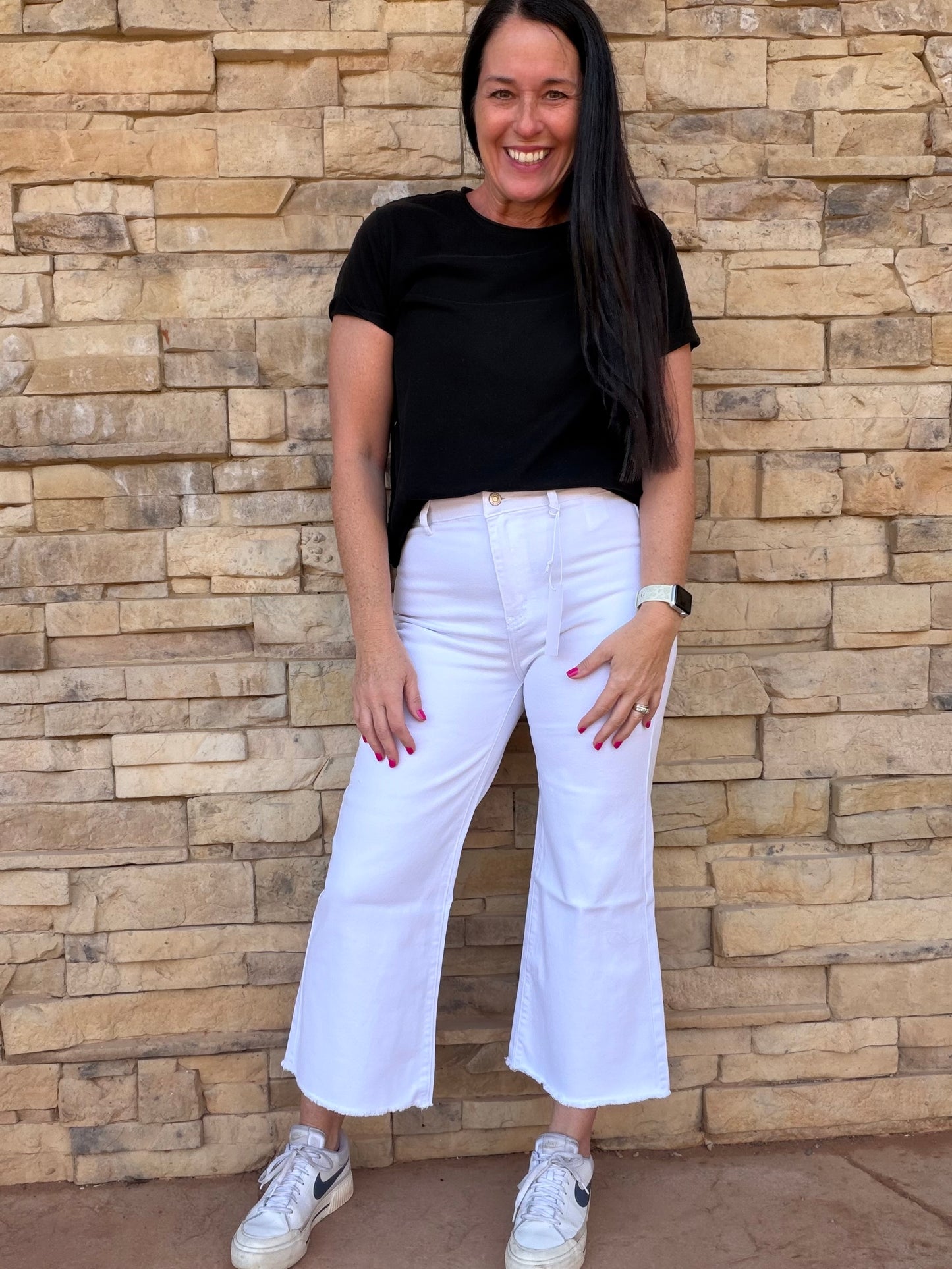 Zenana Acid Washed Frayed Hem Pants, White