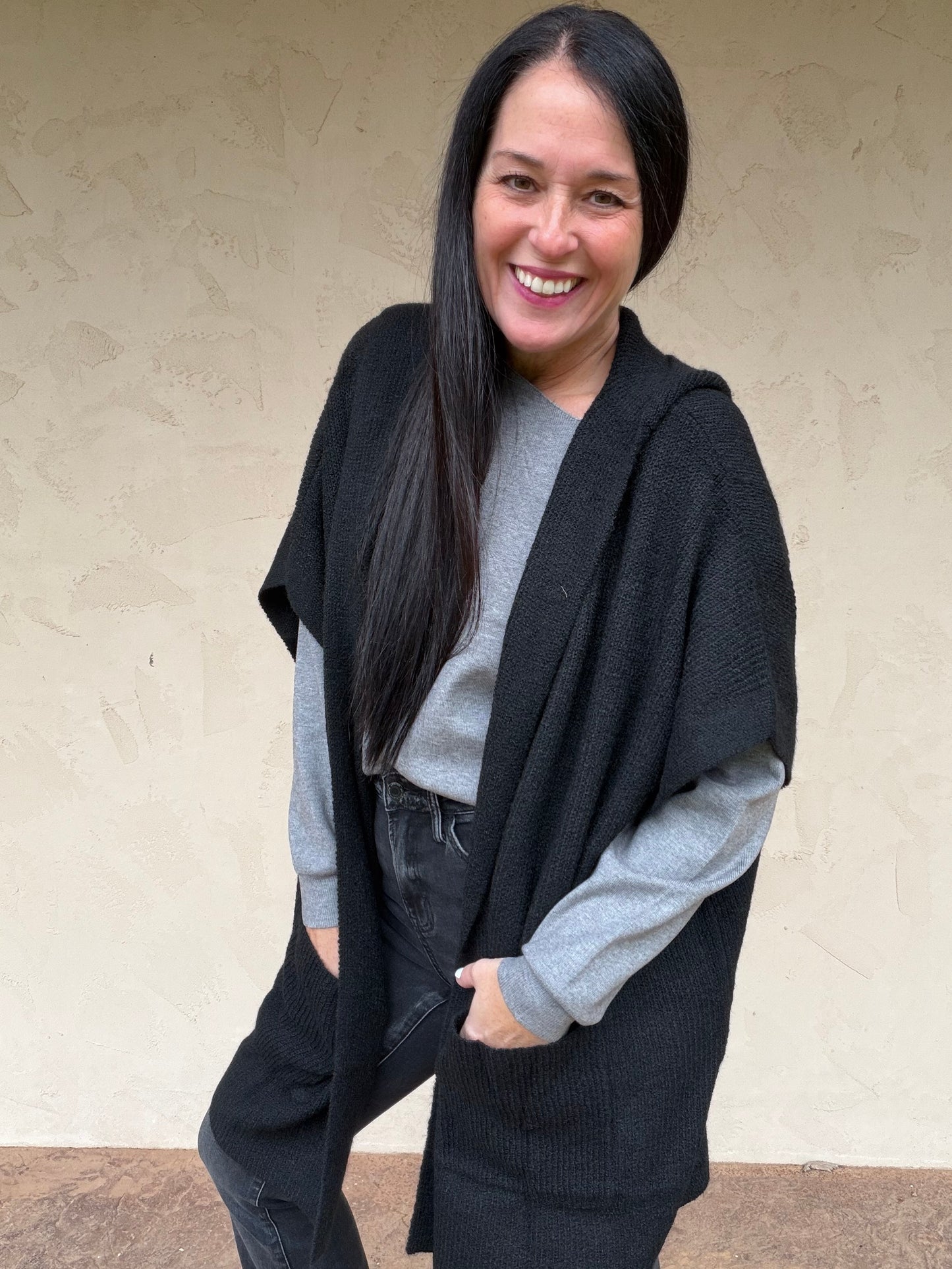 Hem & Thread Hooded Sweater Poncho, Black