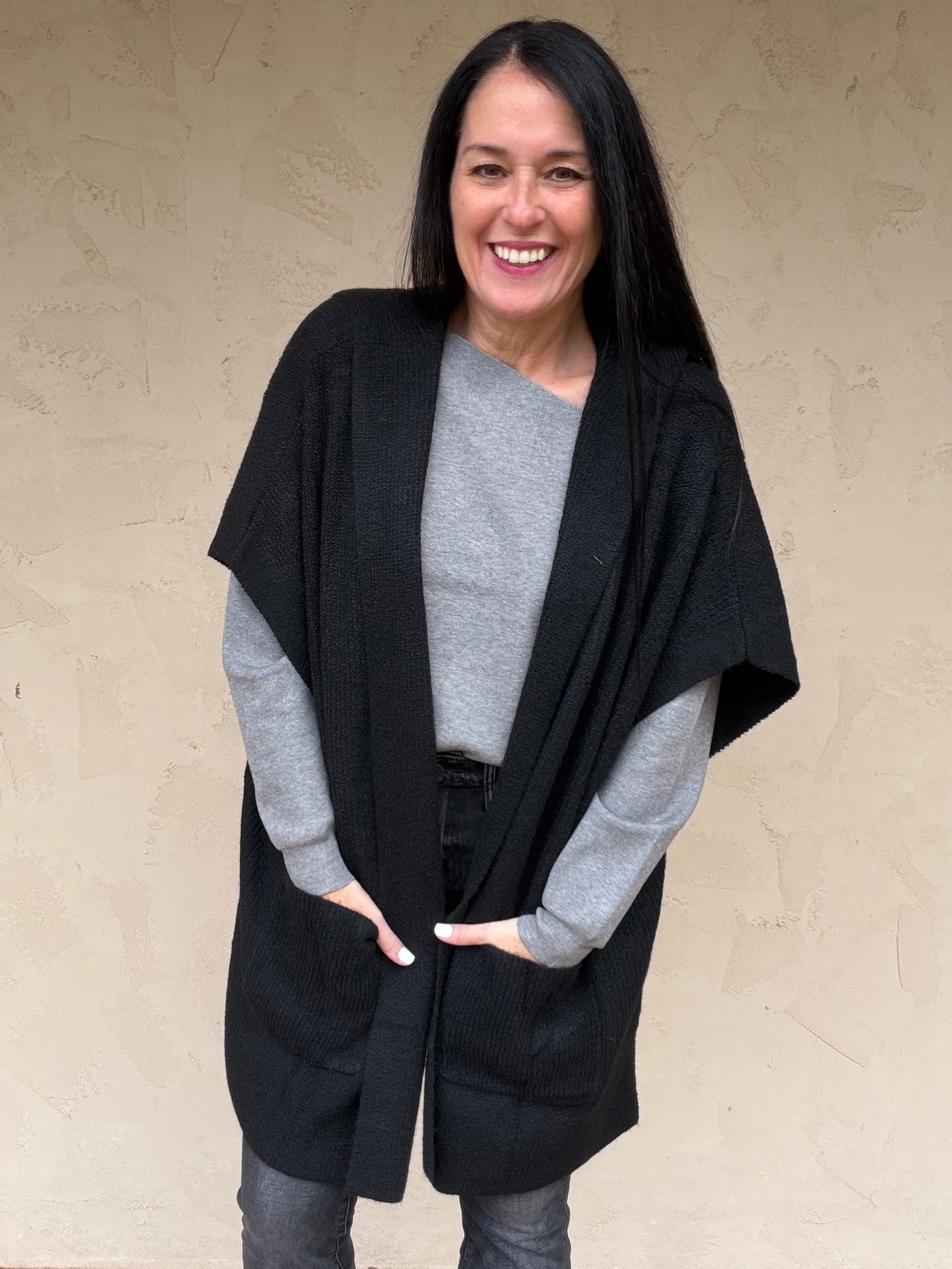 Hem & Thread Hooded Sweater Poncho, Black