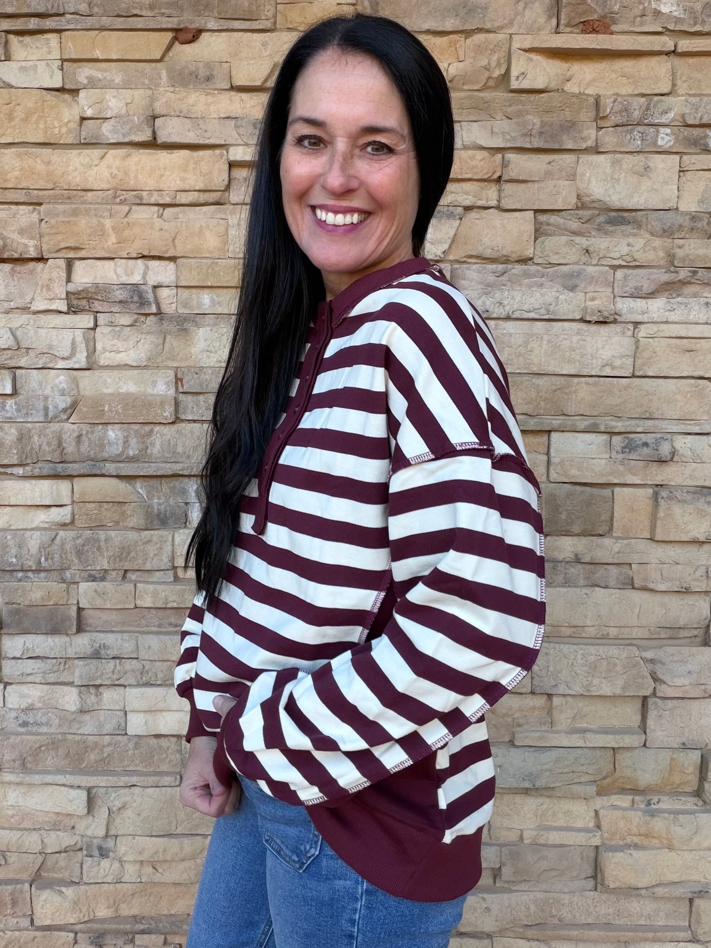 Striped Half Button Top, Burgundy