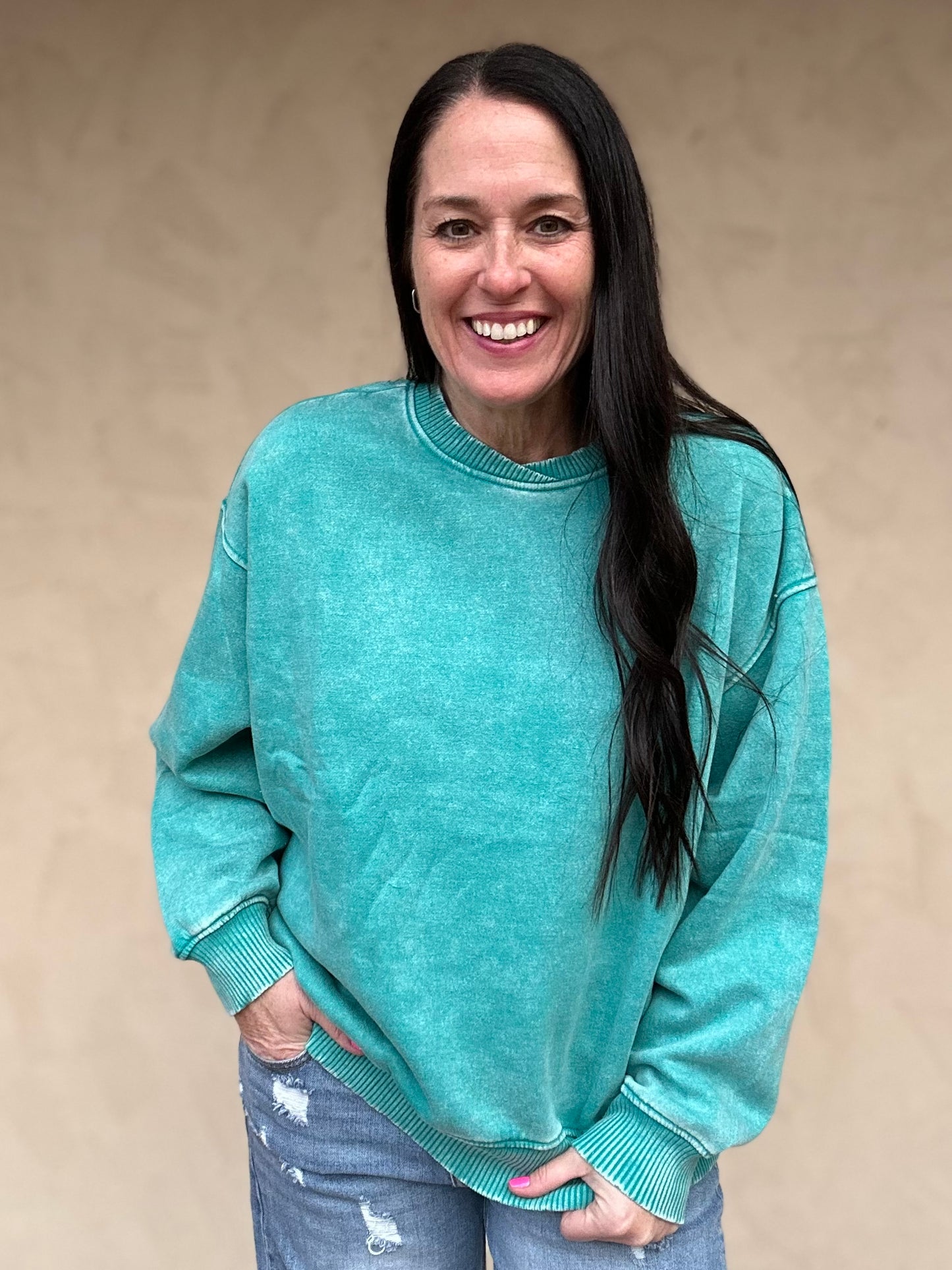 Zenana Acid Washed Oversized Fleece Pullover, Teal