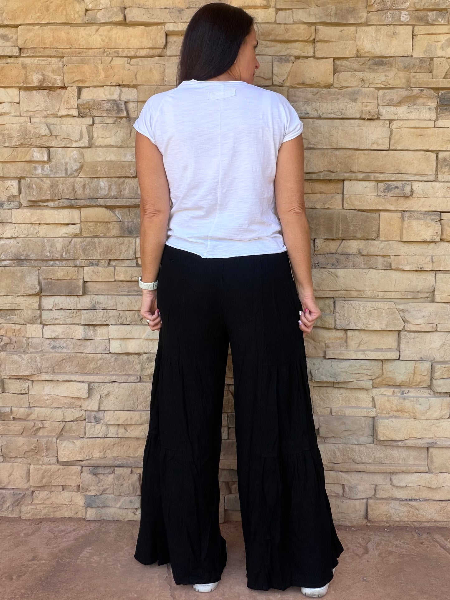 Linen Blend Palazzo Pants, Black