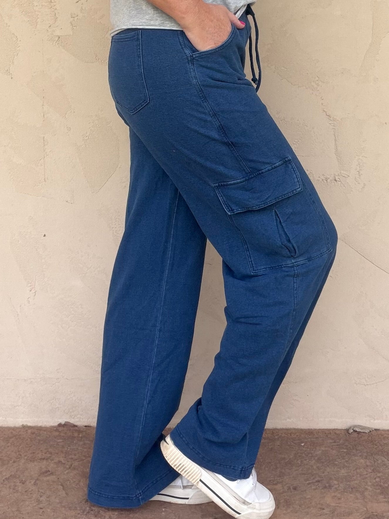 Mono B Mineral Wash Wide Leg Cargo Pants, Denim Blue