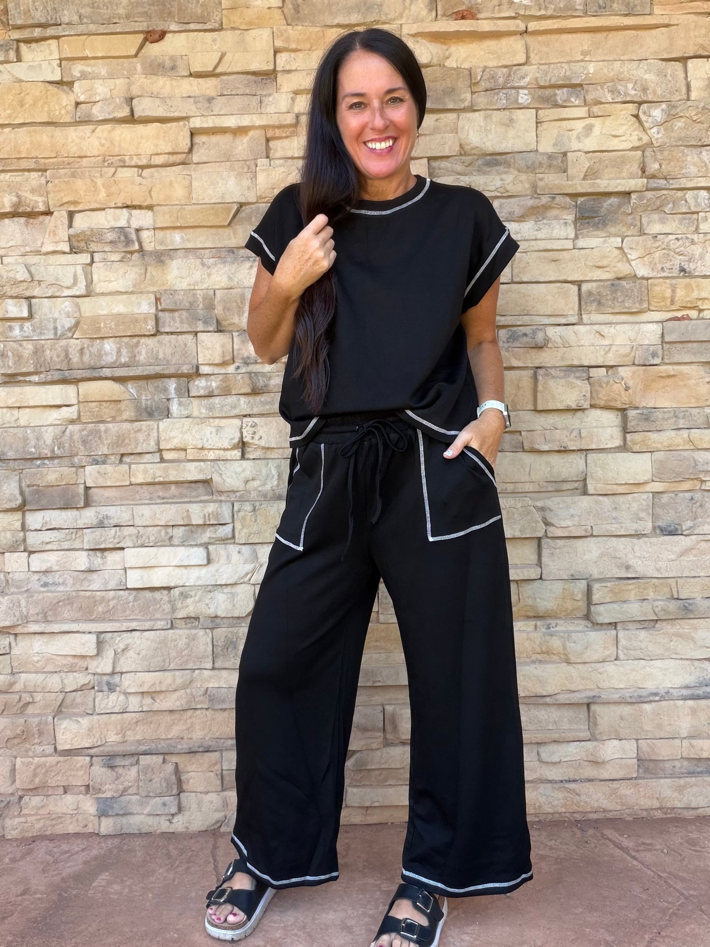 Scuba Contrast Stitch Lounge Set, Black