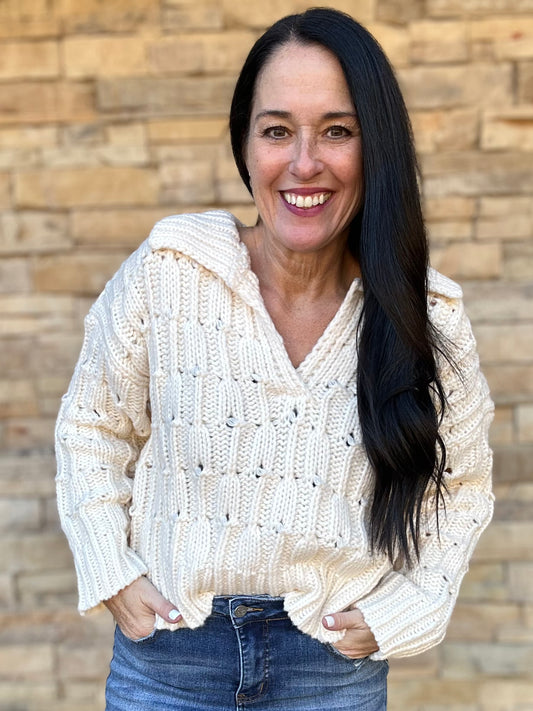 So Me Collared V-Neck Sweater, Cream