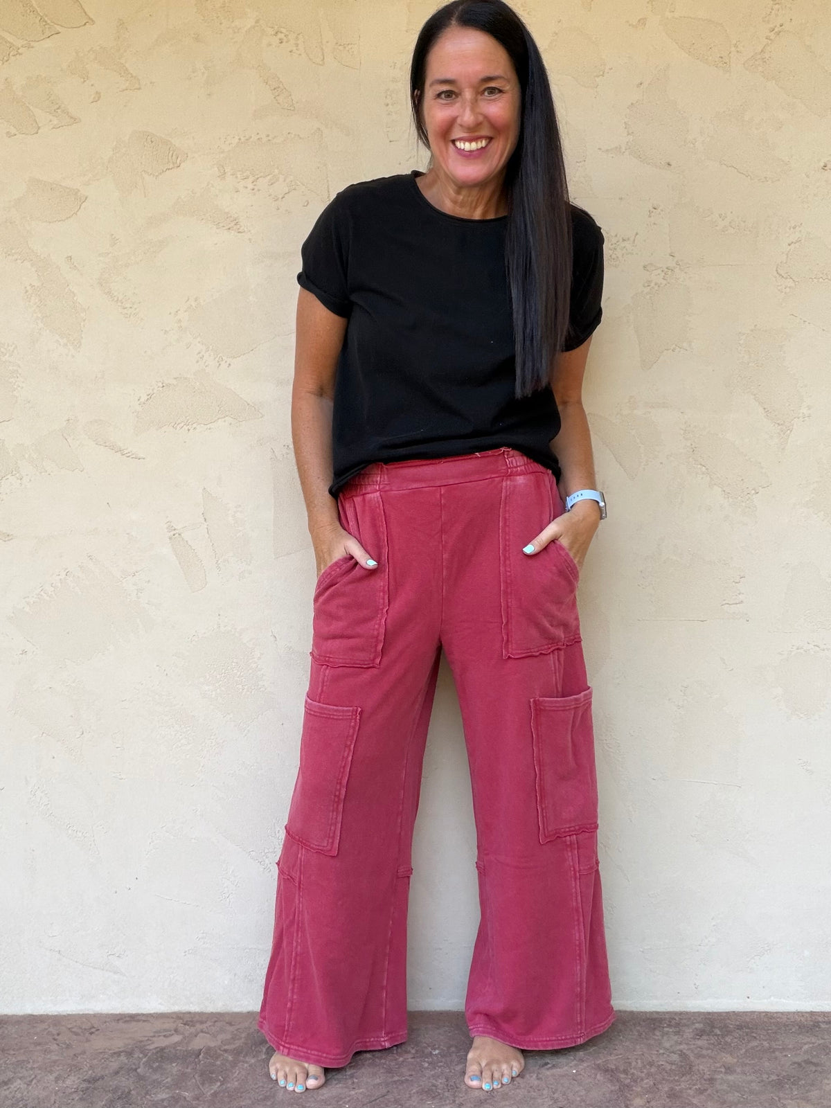 Hyfve Mineral Wash Cargo Pants, Dark Red