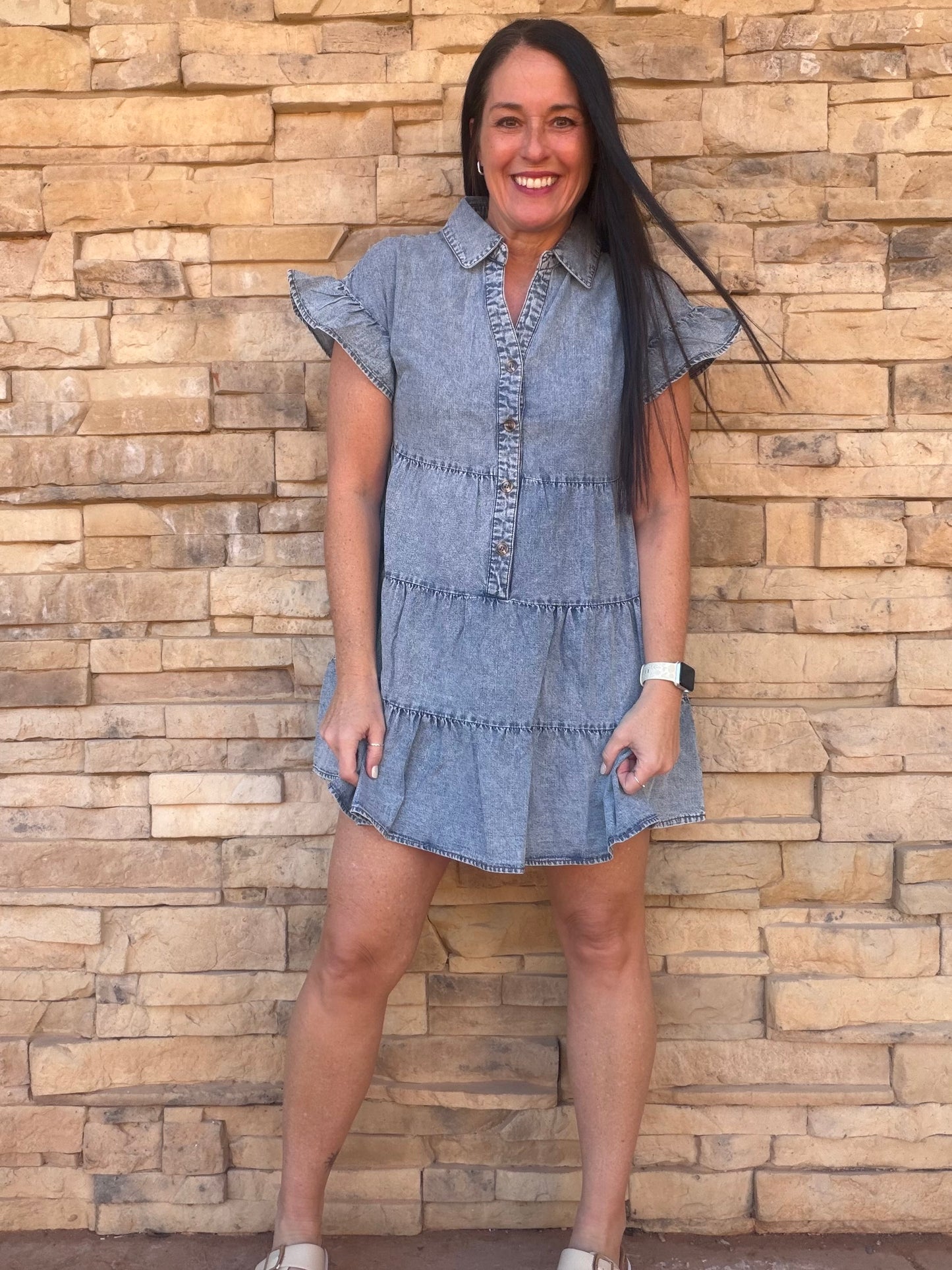 Chambray Ruffle Sleeve Dress