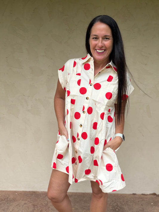 Polka Dot Button Down Pleated Dress, Red