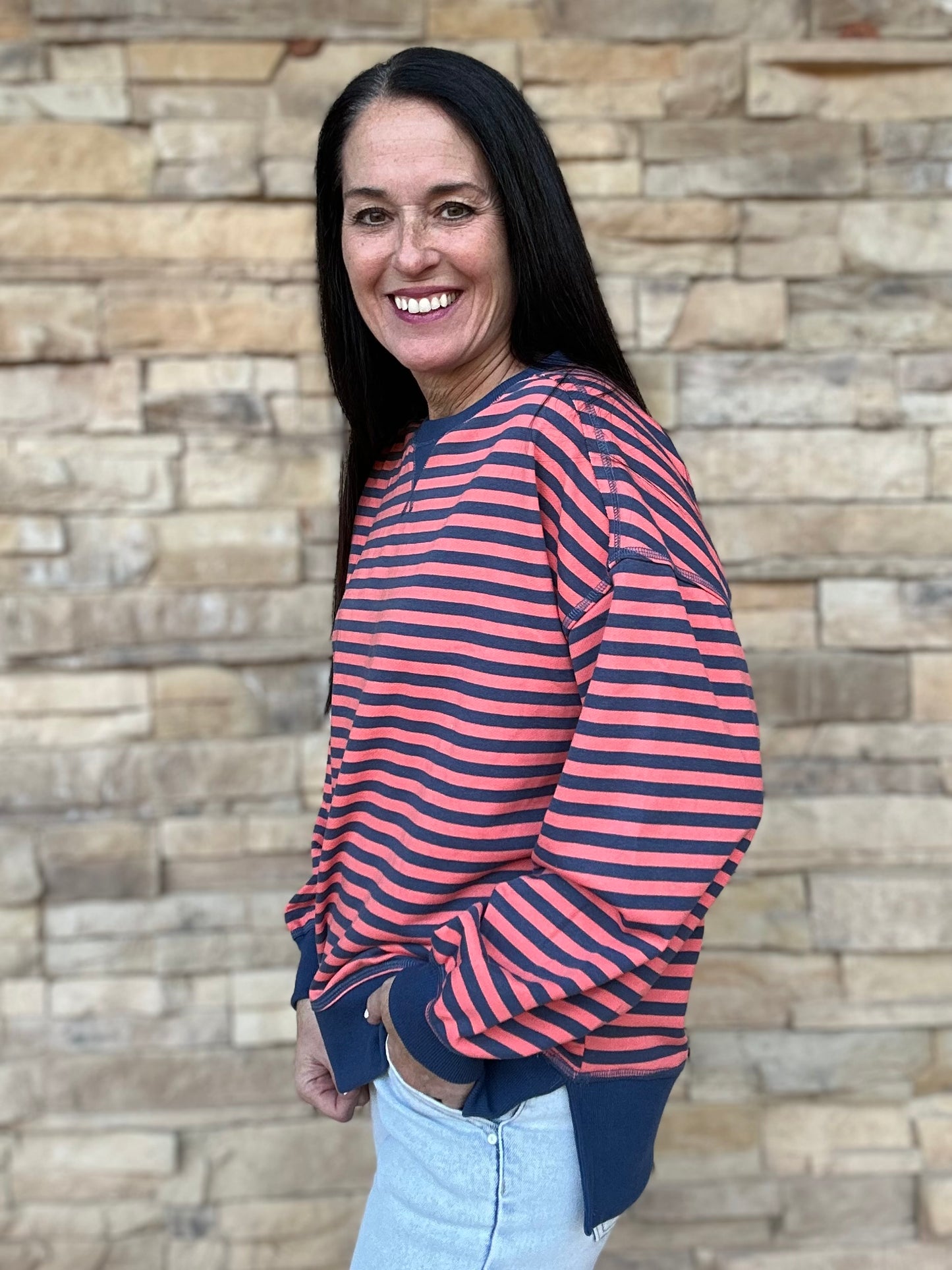 All Stripes Top, Coral/Navy