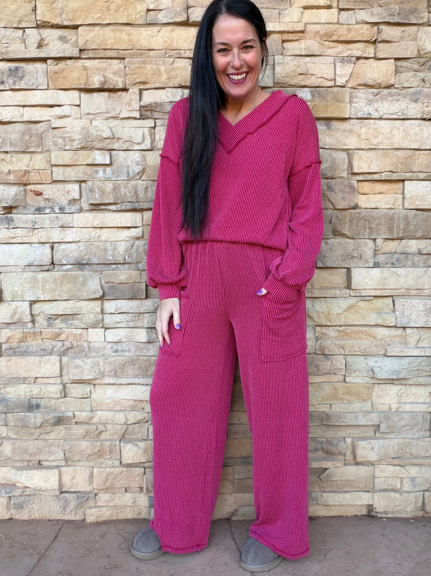 Bibi Ribbed Contrast Stitching Set, Burgundy