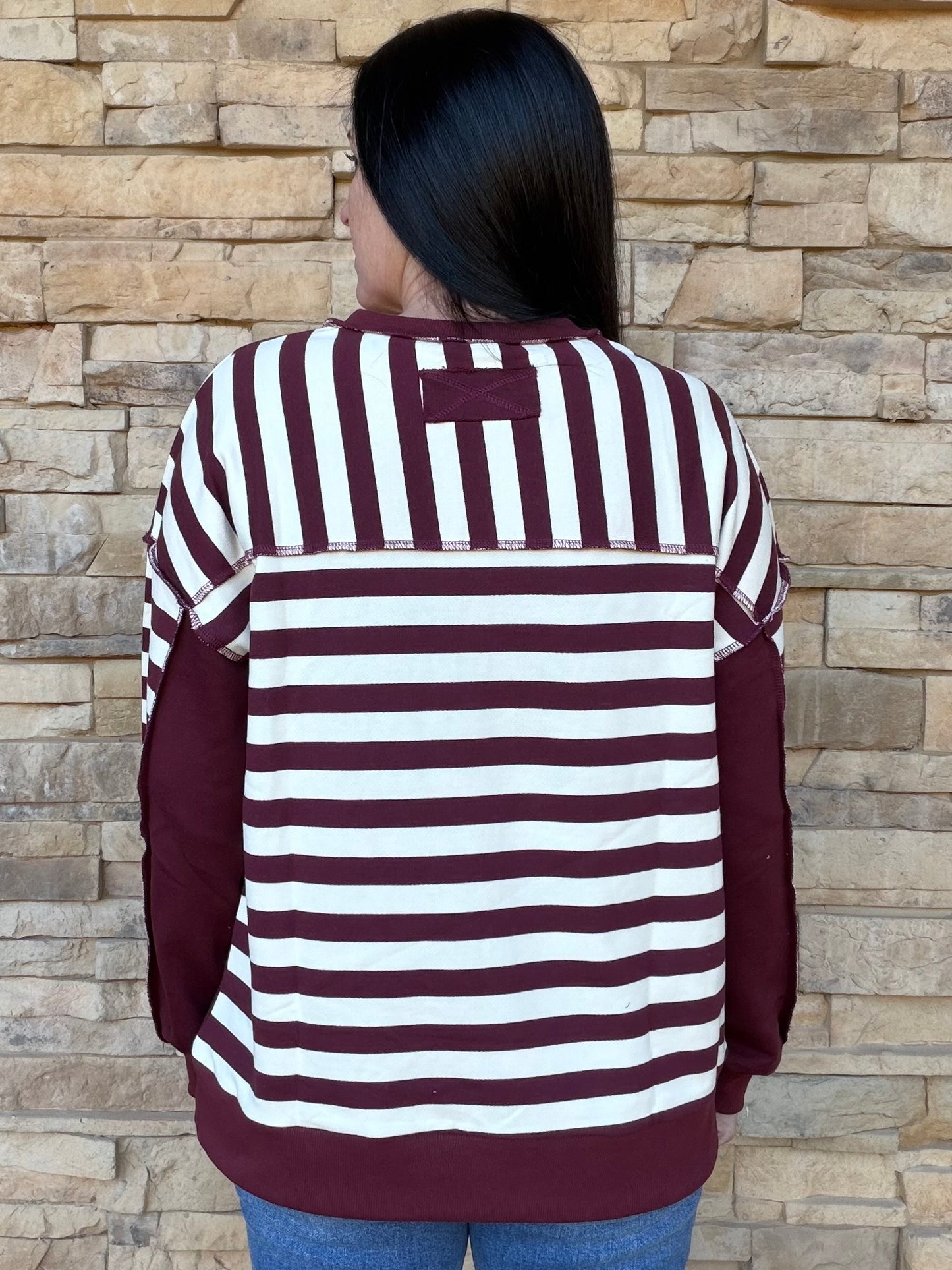 Striped Half Button Top, Burgundy