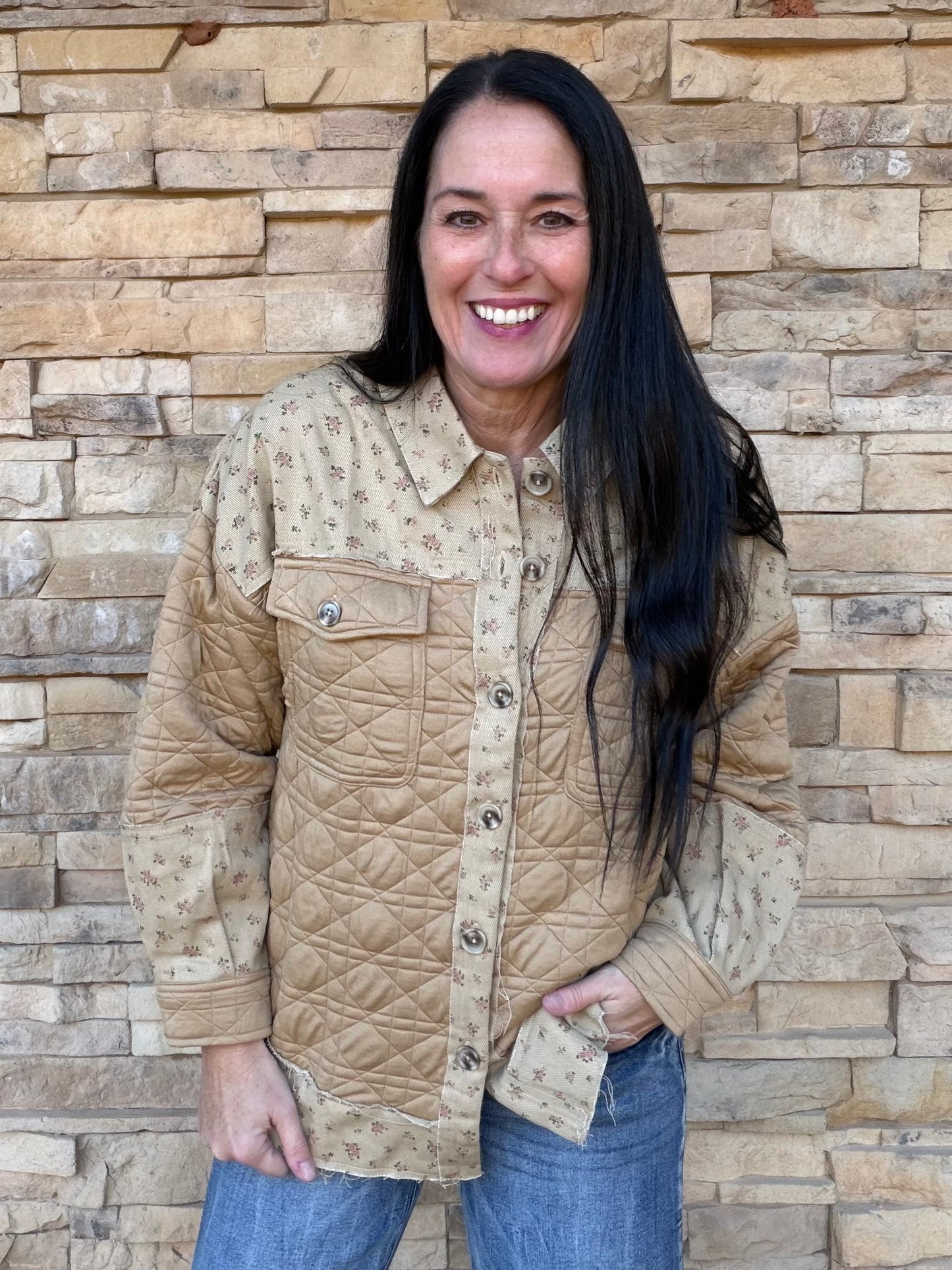 Mocha Floral Contrast Shacket, Mocha