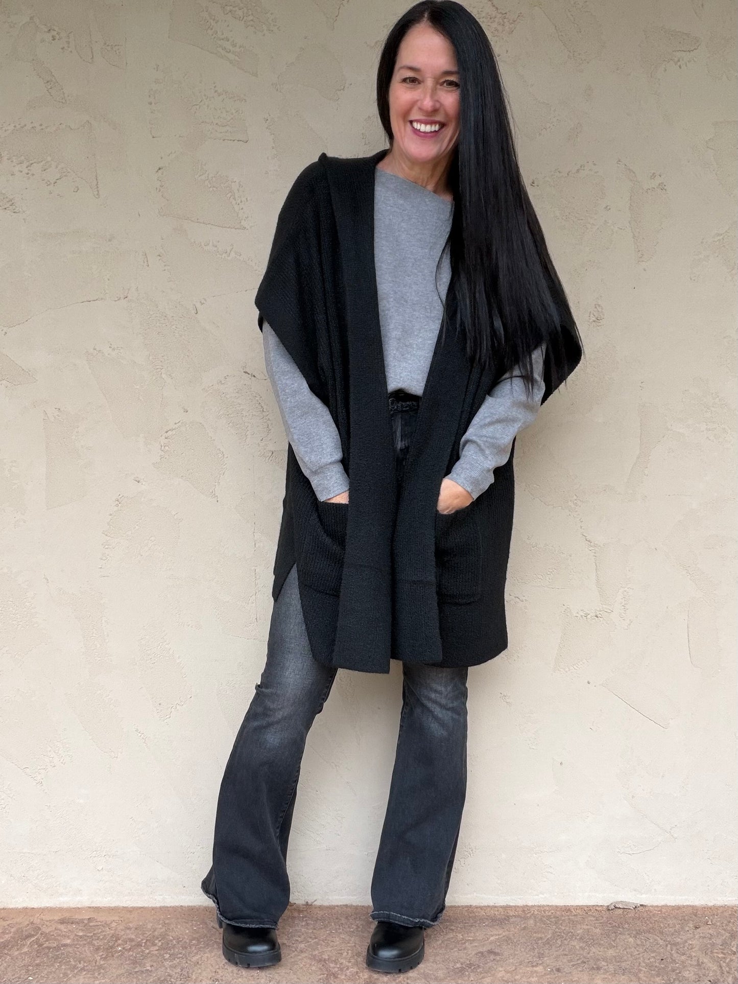Hem & Thread Hooded Sweater Poncho, Black