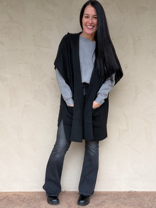 Hem & Thread Hooded Sweater Poncho, Black