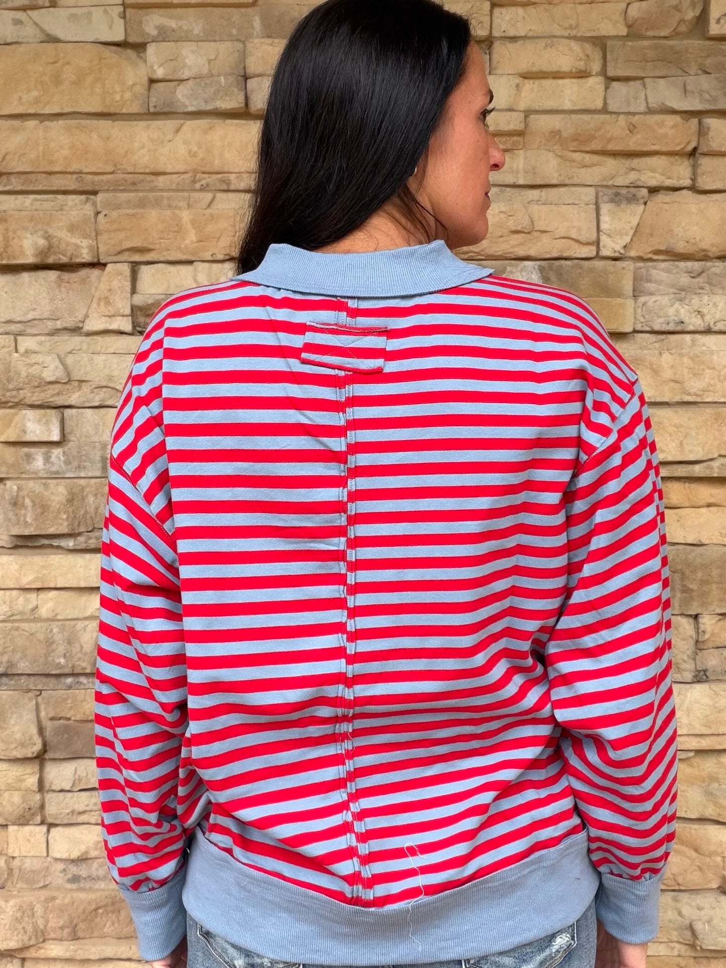 Contrast Stripe Terry Pullover, Denim/Red