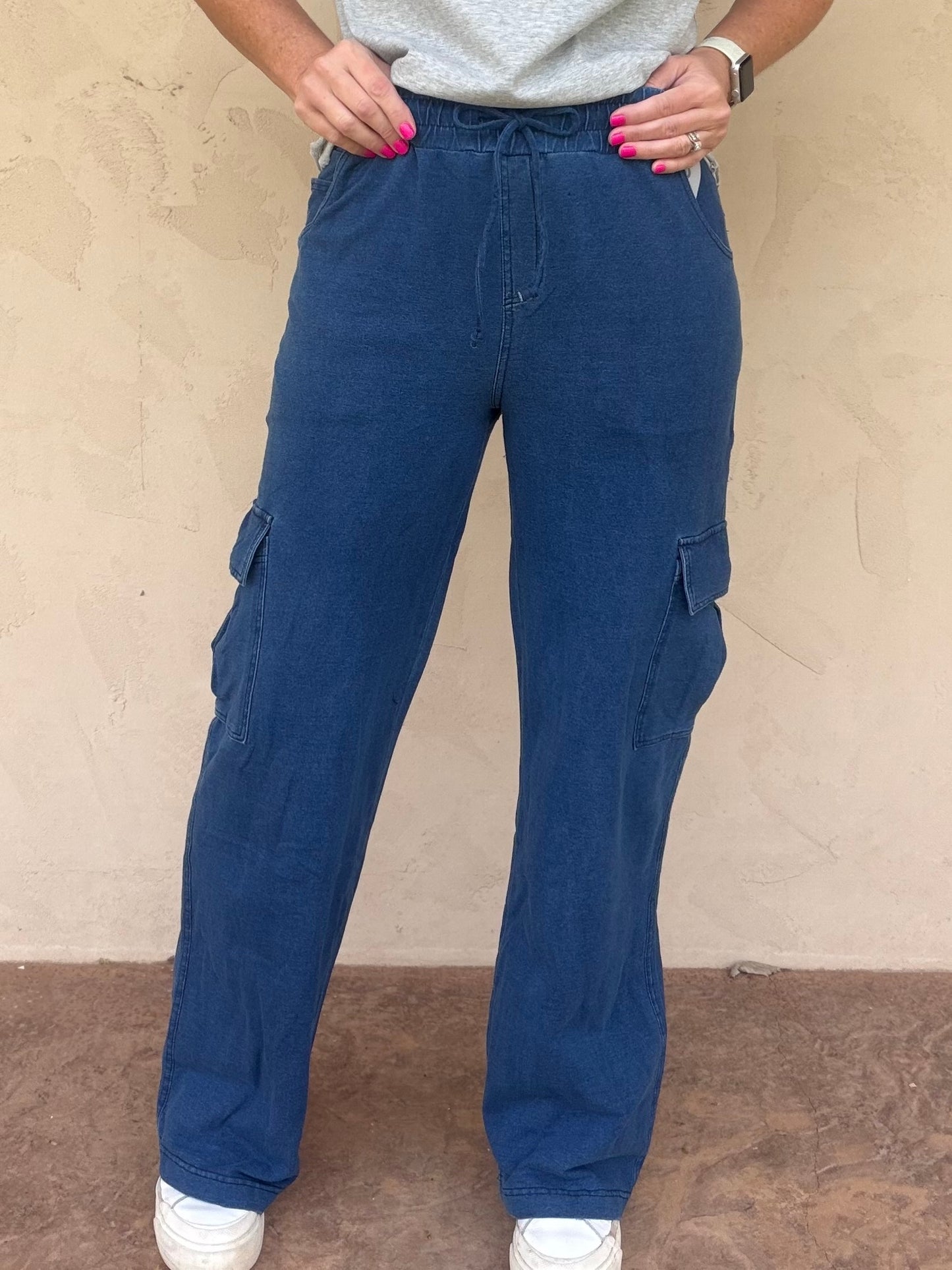 Mono B Mineral Wash Wide Leg Cargo Pants, Denim Blue
