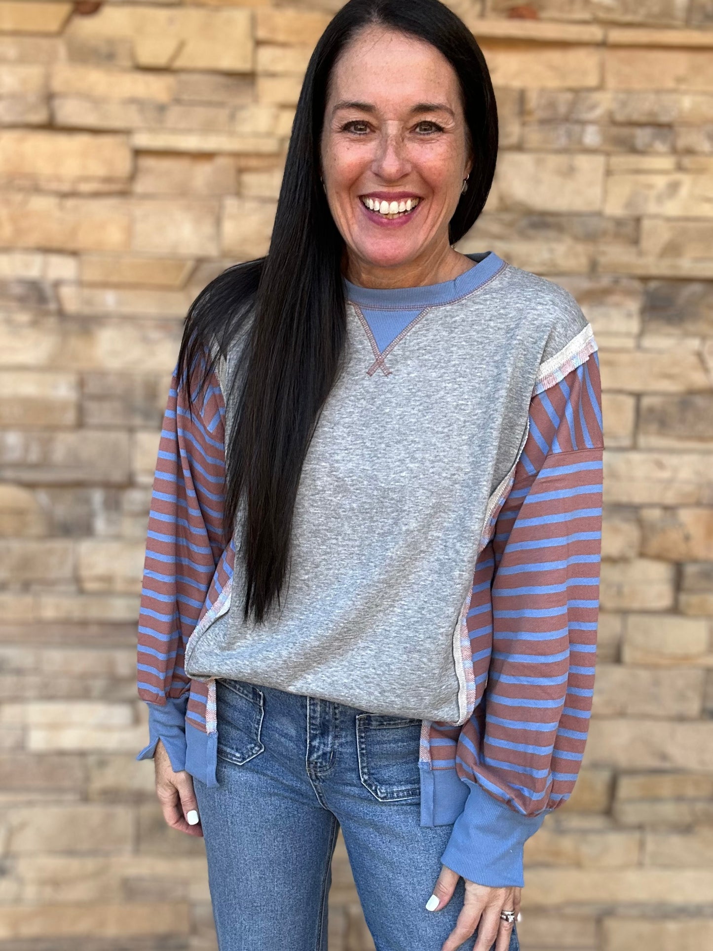 Grey Contrast Stripe Top