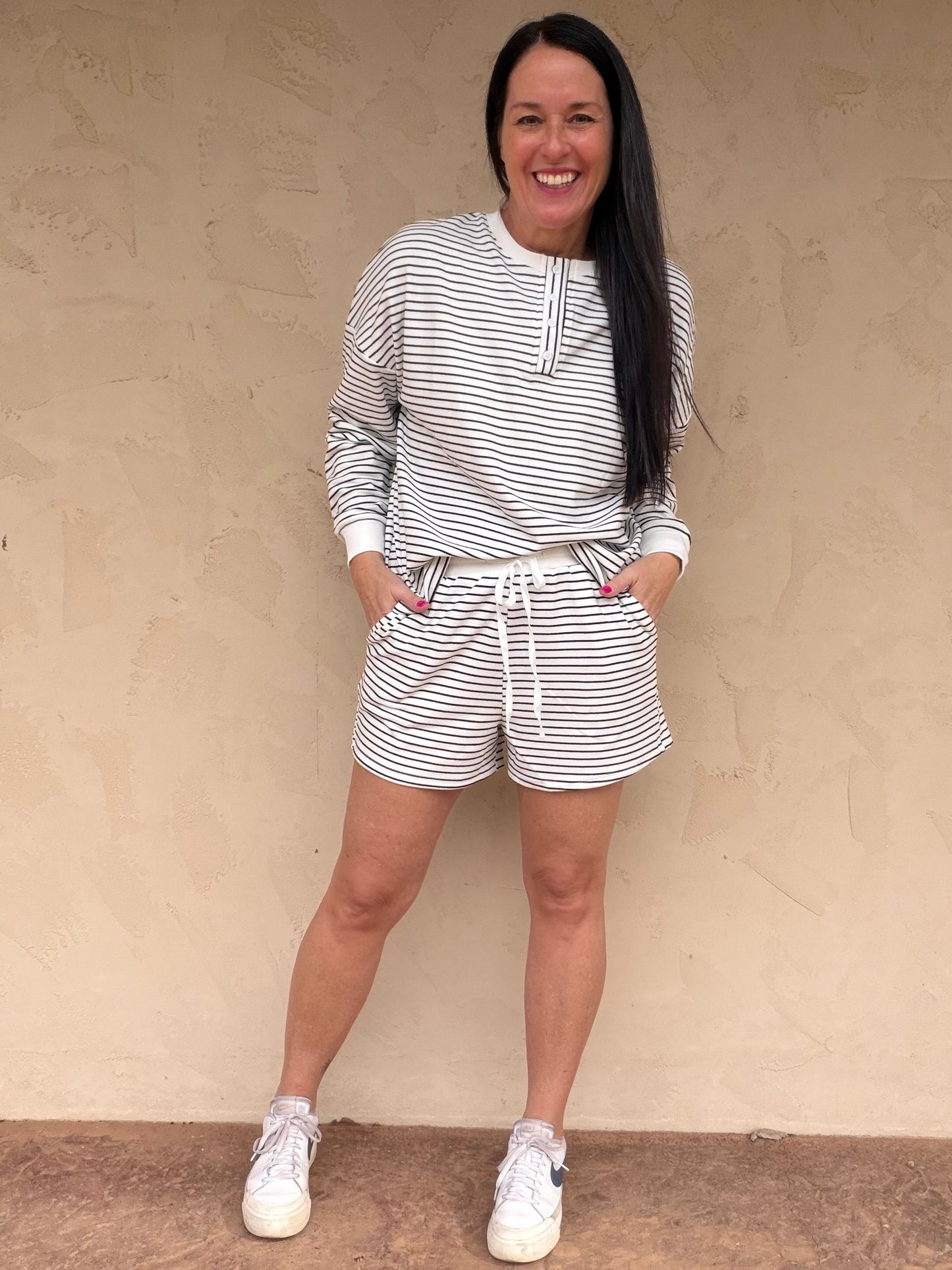 Pin Stripe Pullover & Shorts Set, Ivory