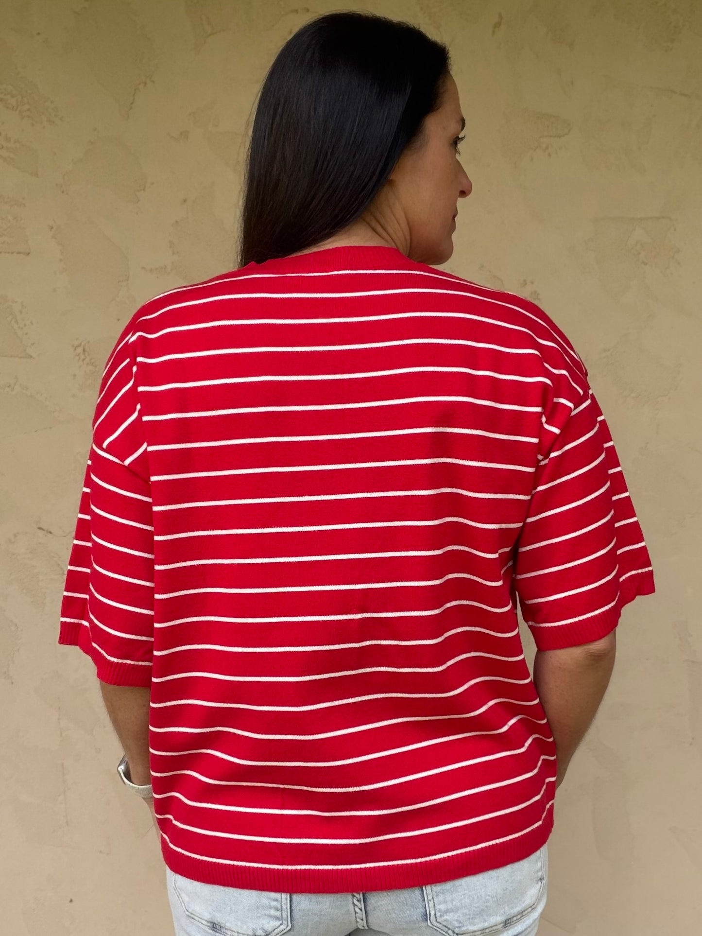 Striped Knit Short Sleeve Top, Red