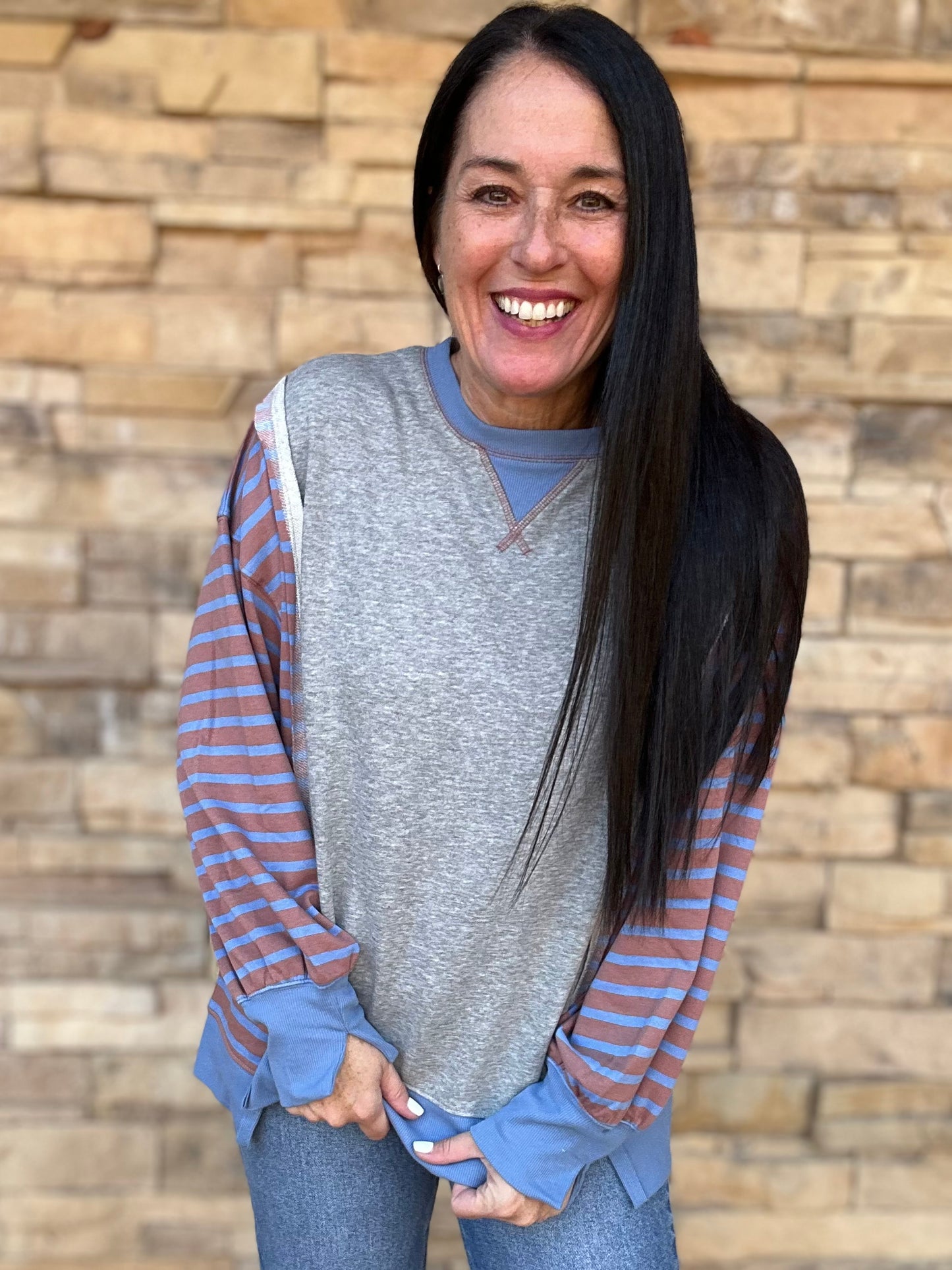 Grey Contrast Stripe Top